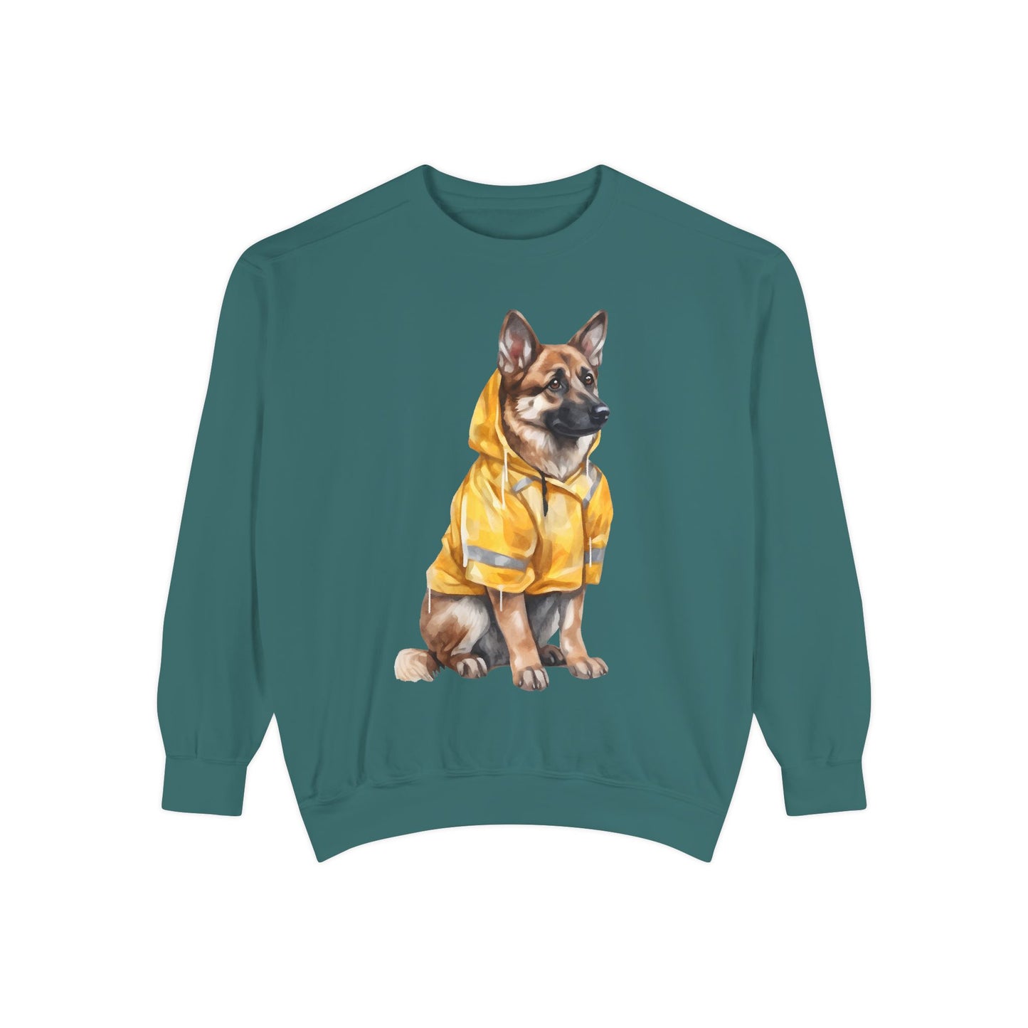 Unisex Dog Lover Sweatshirt With a Graphic of German Shepherd Wearing a Yellow Rain Coat