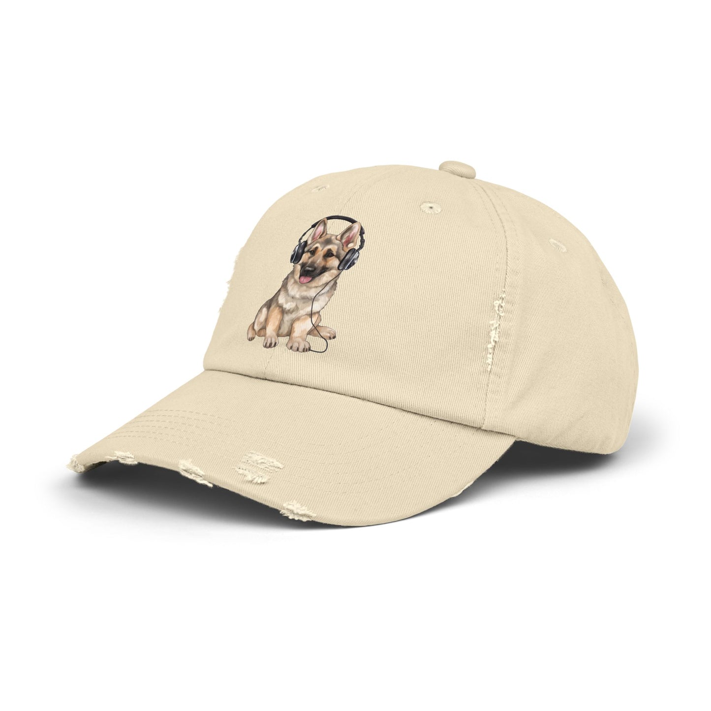 Distressed Dog Cap with German Shepherd Wearing Headphones | Pet Lover Gift | Adjustable Cap