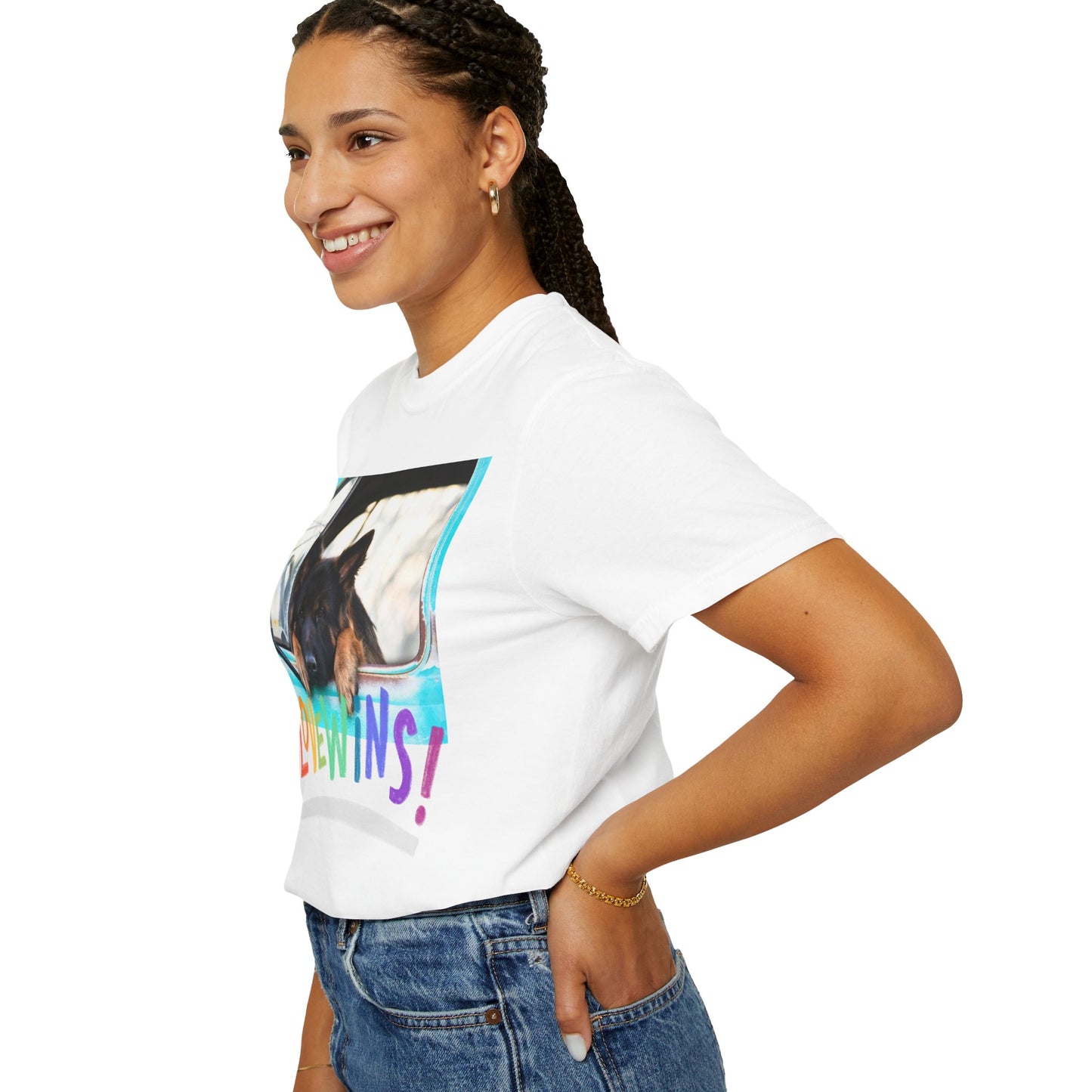 Unisex T-Shirt With German Shepherd Puppy Putting His Head and Front Legs On The Truck Seat's Window and Caption Love Wins