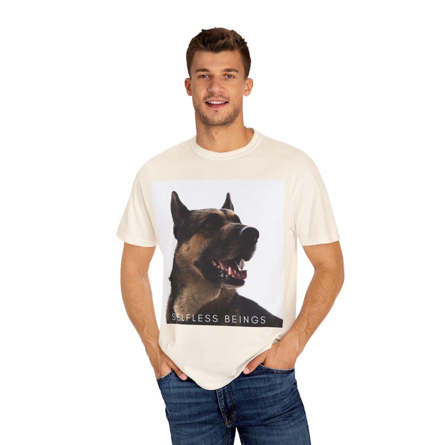 Unisex Dog Lover T-Shirt With Close Up of Large German Shepherd Turning His Face and Caption Selfless Beings