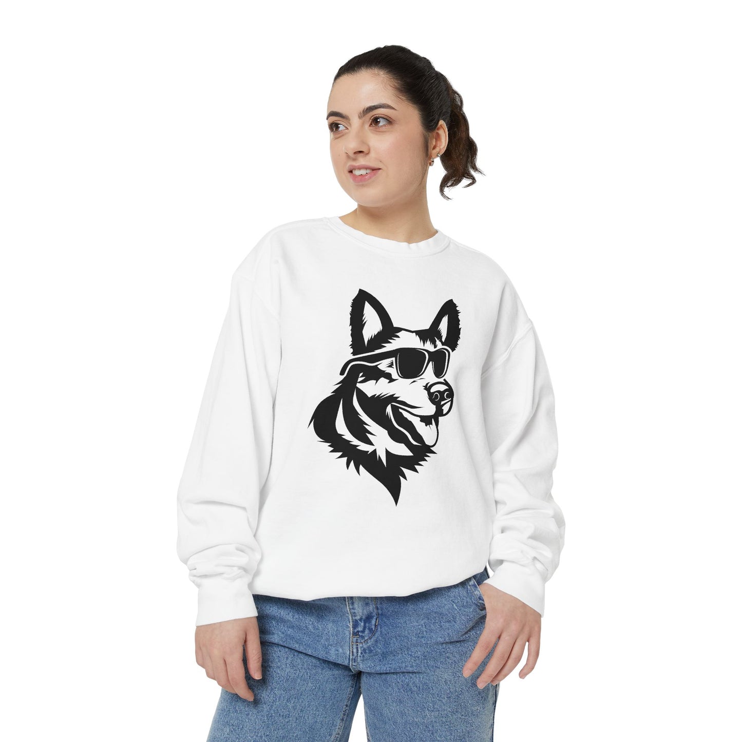 Unisex Dog Lover Sweatshirt With a Close Up Graphic of German Shepherd Wearing Black Glasses
