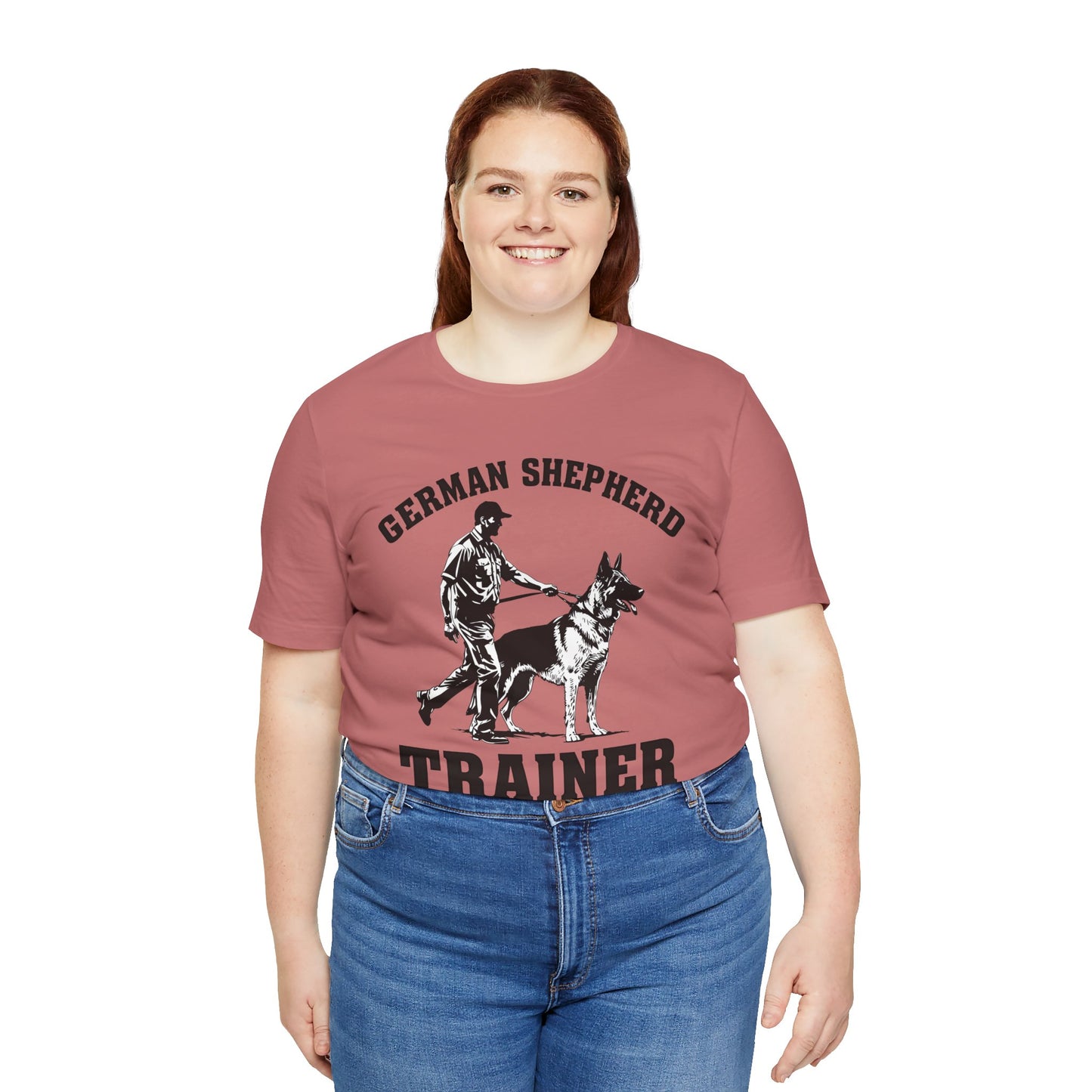 German Shepherd Trainer Tee - Black and White Design of Man Holding a German Shepherd