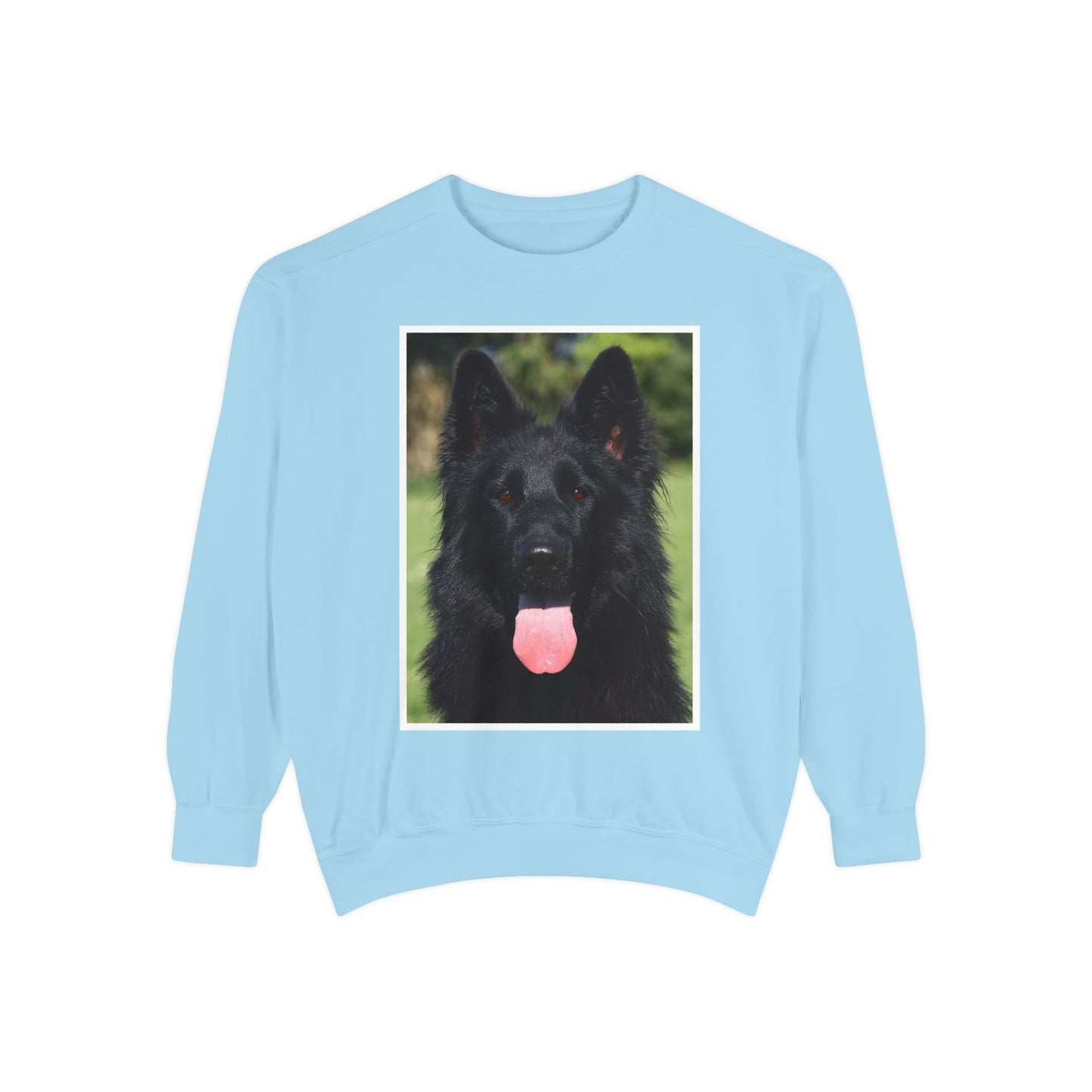 Unisex Dog Lover Sweatshirt With a Close Up of Solid Black German Shepherd Leaving Hanging Tongue