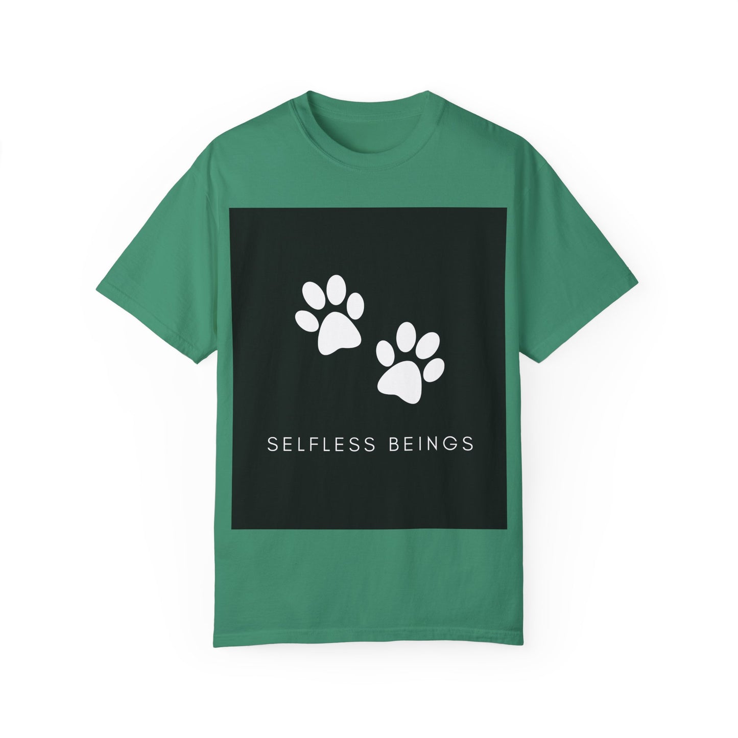 Unisex Dog Lover T-Shirt With White Dog Paw Prints and Caption Selfless Beings