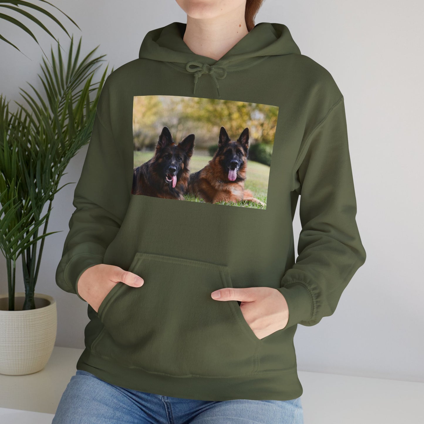 A Unisex Dog Lover Hoodie With Two German Shepherds Lying On The Ground Leaving Tongues Out