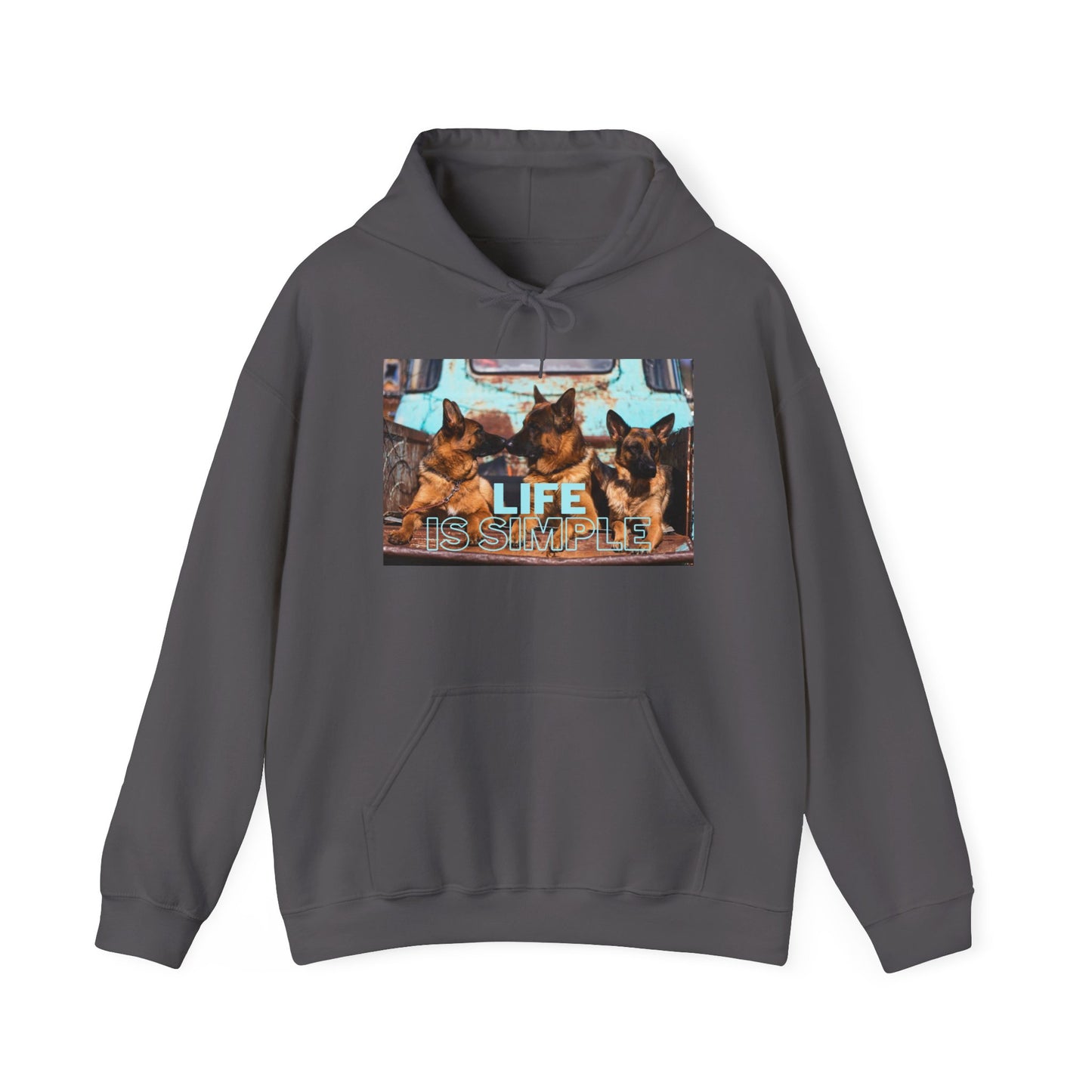 Unisex Dog Lover Hoodie With Three German Shepherds Sitting on the Truck's Cargo Bed and Caption Life is Simple