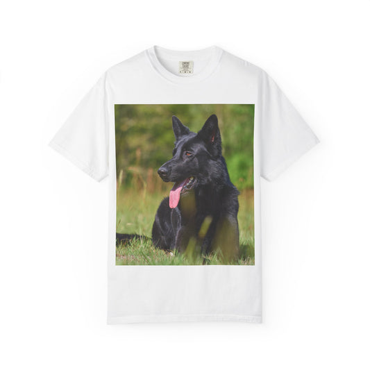 Unisex Garment-Dyed T-Shirt Featuring a Black German Shepherd Resting on Grass Looking Sideways