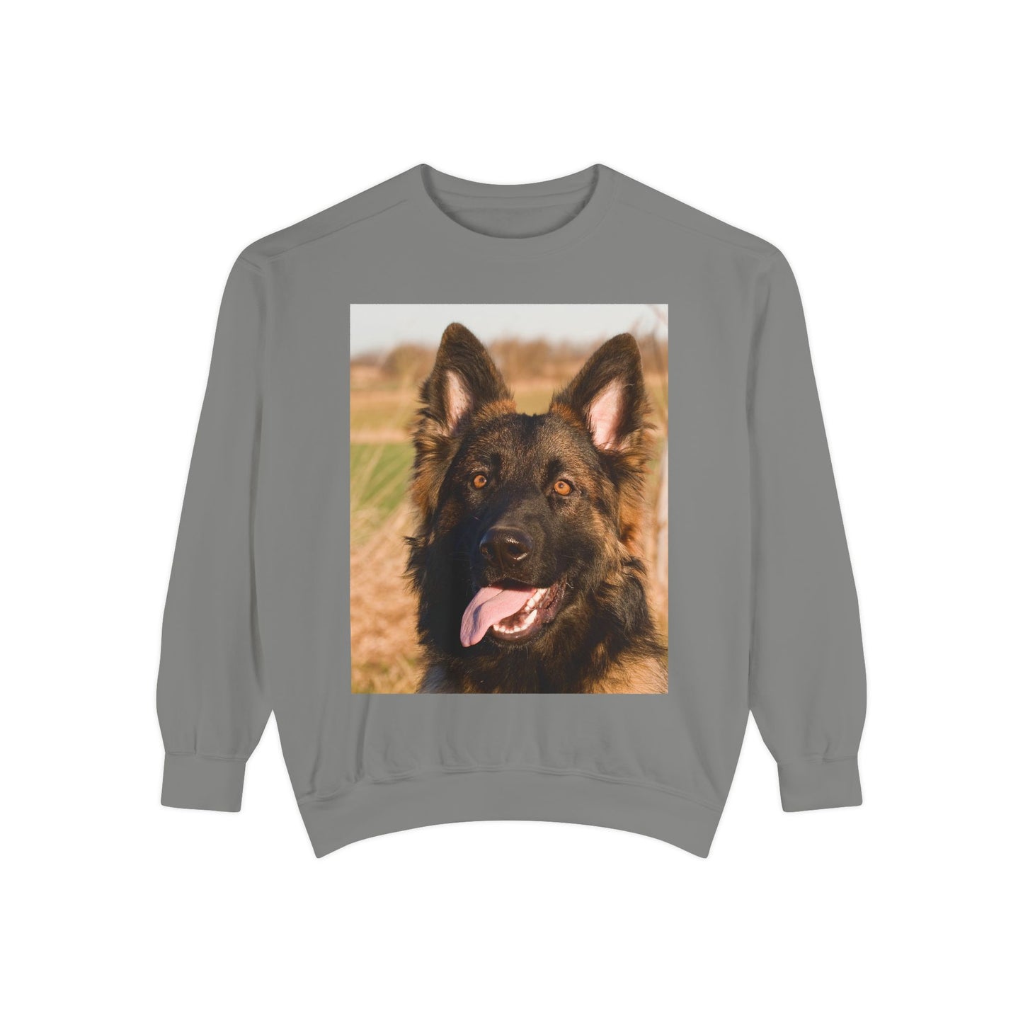 Unisex Dog Lover Sweatshirt With Close Up of Long Coat German Shepherd Sticking Tongue Out