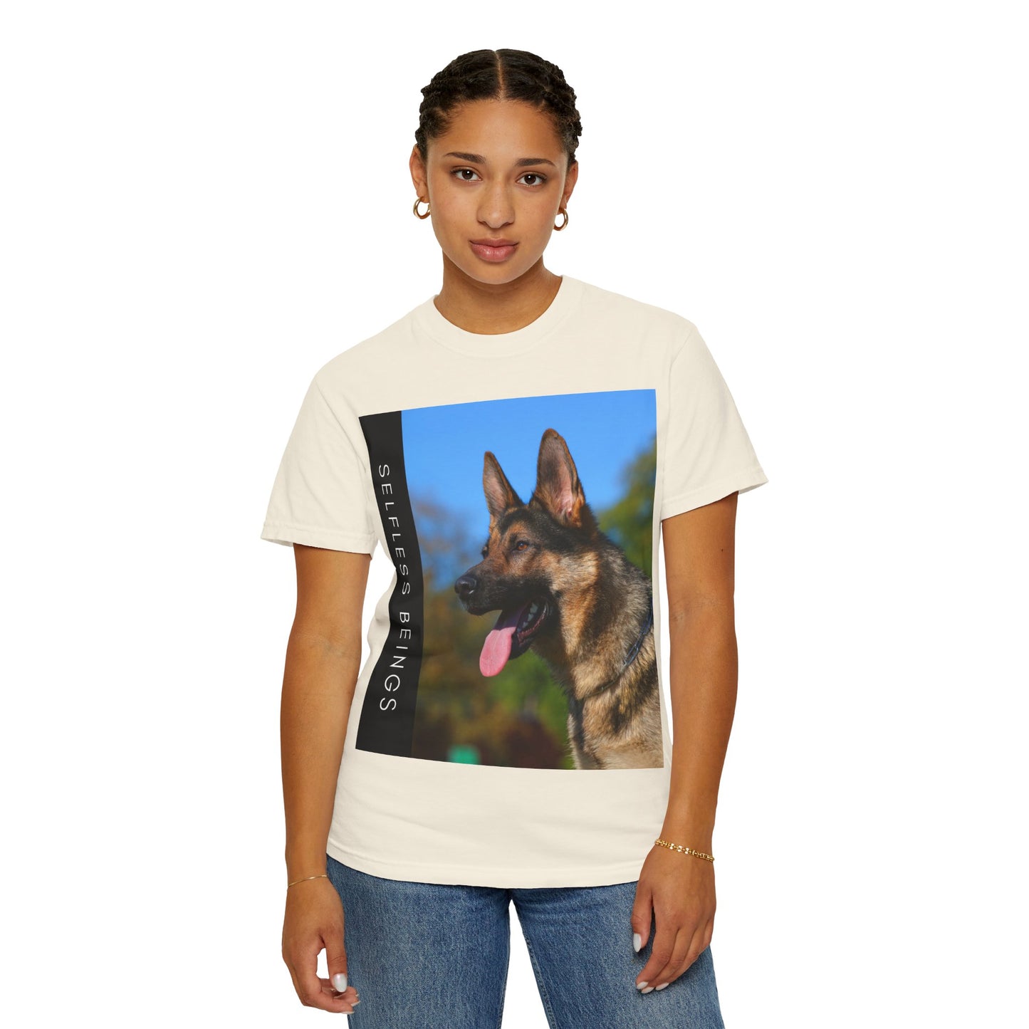 Unisex Dog Lover T-Shirt With a Portrait of a German Shepherd Over Nature Background and Caption Selfless Beings
