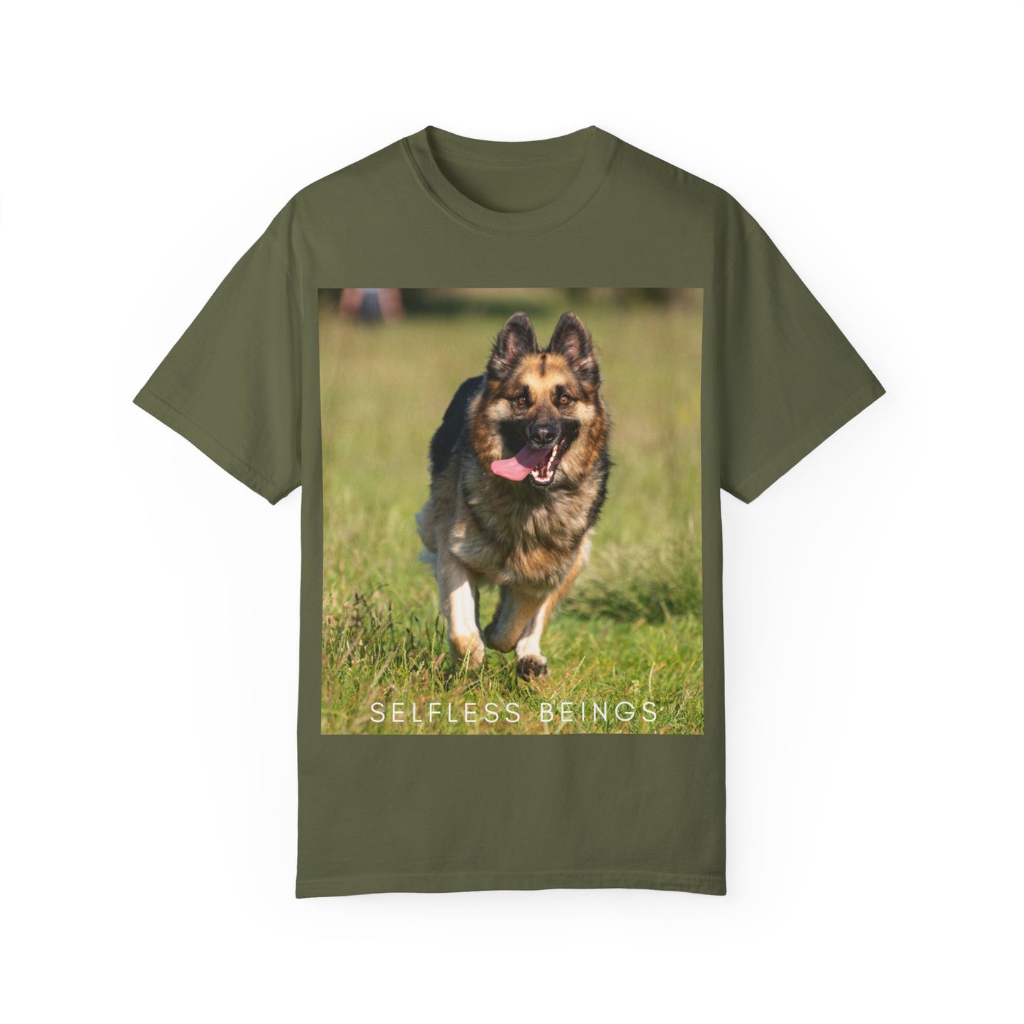 Unisex Dog Lover T-Shirt With Beautiful German Shepherd Running on the Field Leaving Tongue Out and Caption Selfless Beings