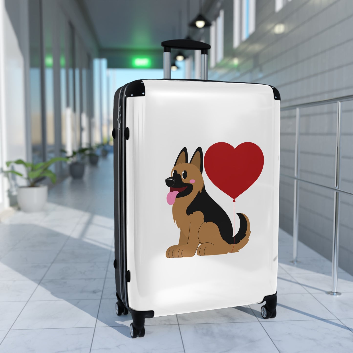 Dog Lover's Suitcase Featuring Graphic of a German Shepherd Puppy and Heart Shaped Balloon Attached to Tail