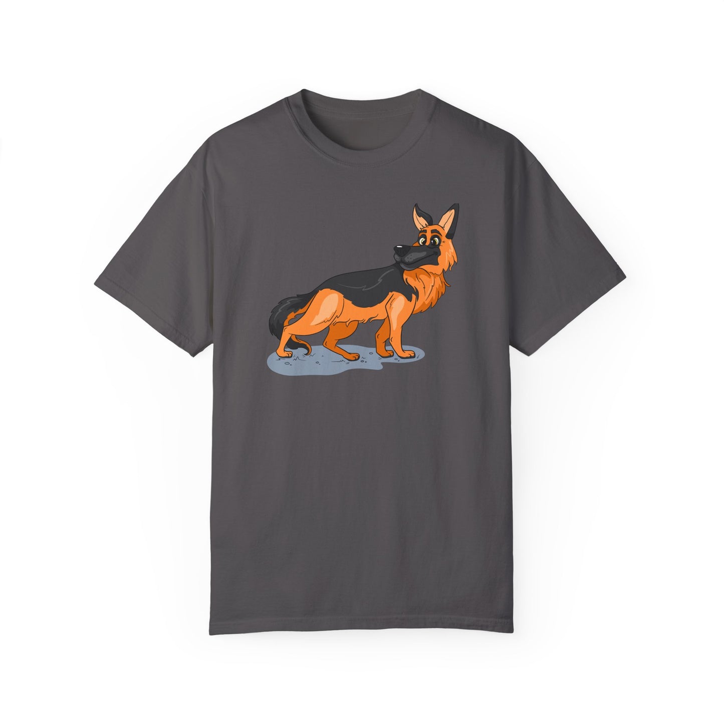 Unisex Dog Lover T-Shirt With a Cartoon of Astonished German Shepherd Turning His Head