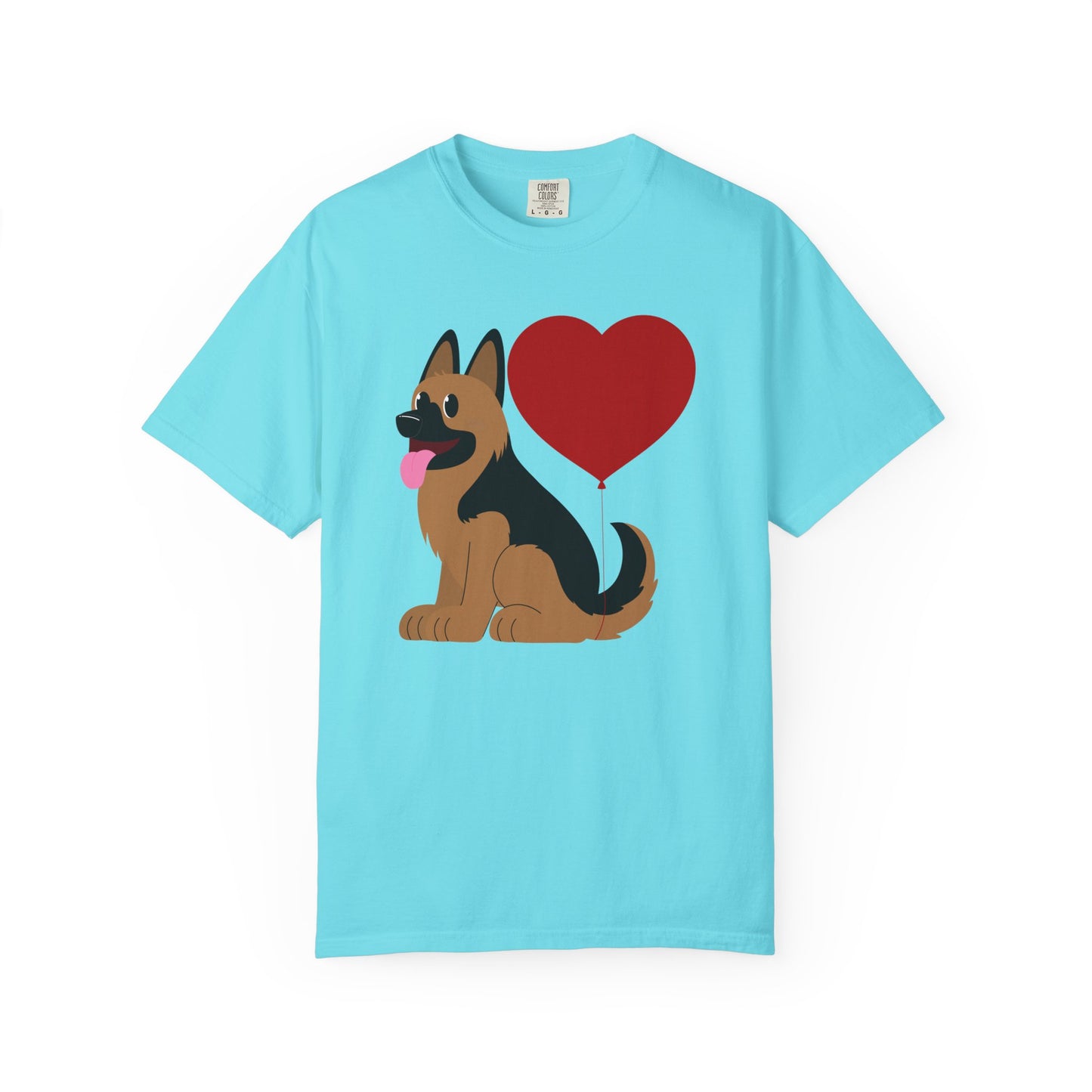 Unisex Dog Lover T-Shirt With a Graphic of German Shepherd Puppy and Heart Shaped Balloon Attached With Tail