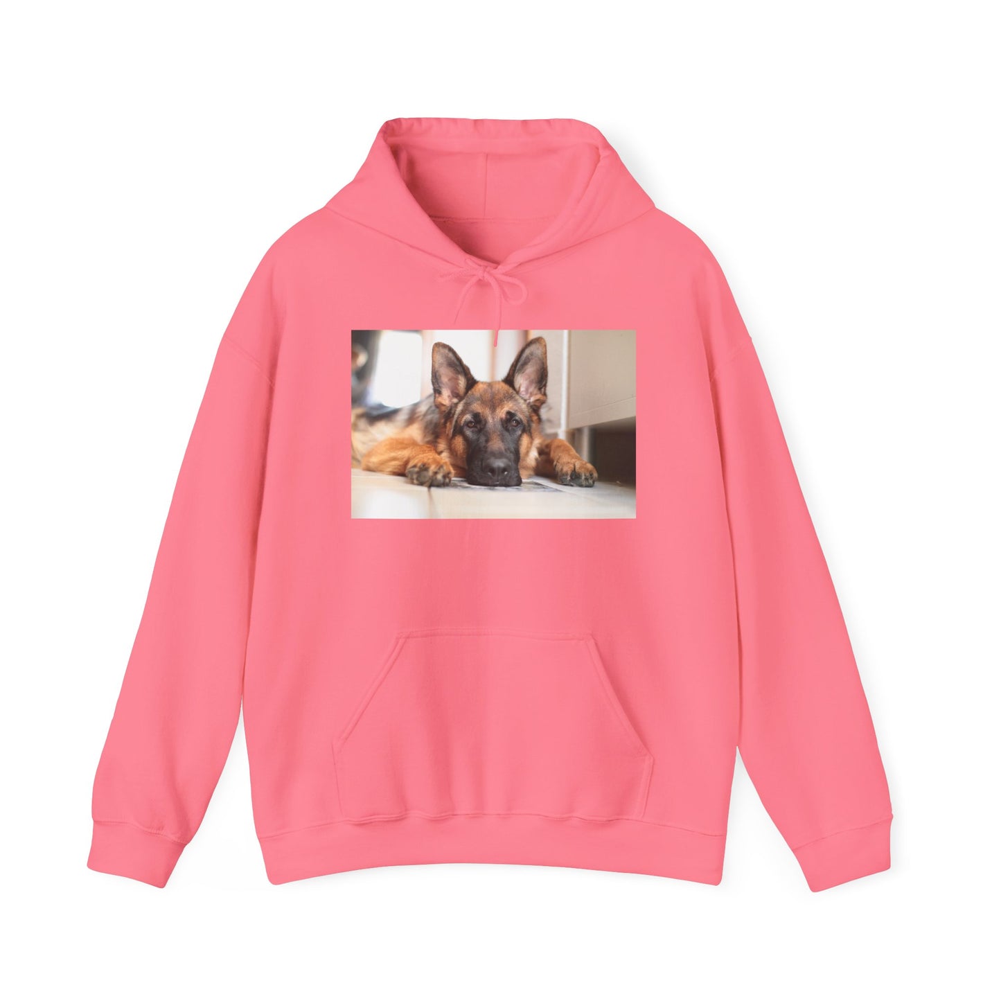 A Unisex Hoodie With a German Shepherd Lying His Head on the Floor