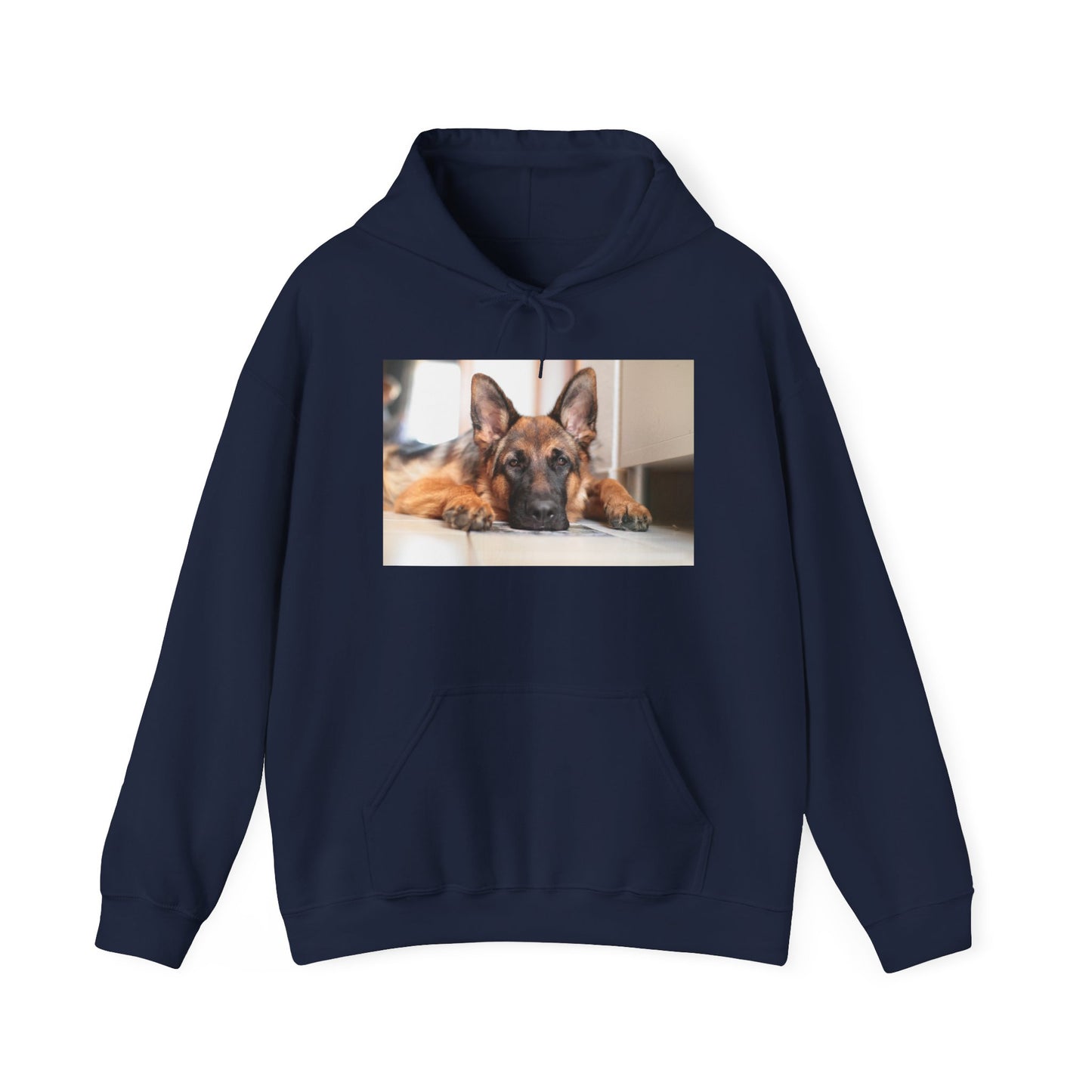 A Unisex Hoodie With a German Shepherd Lying His Head on the Floor