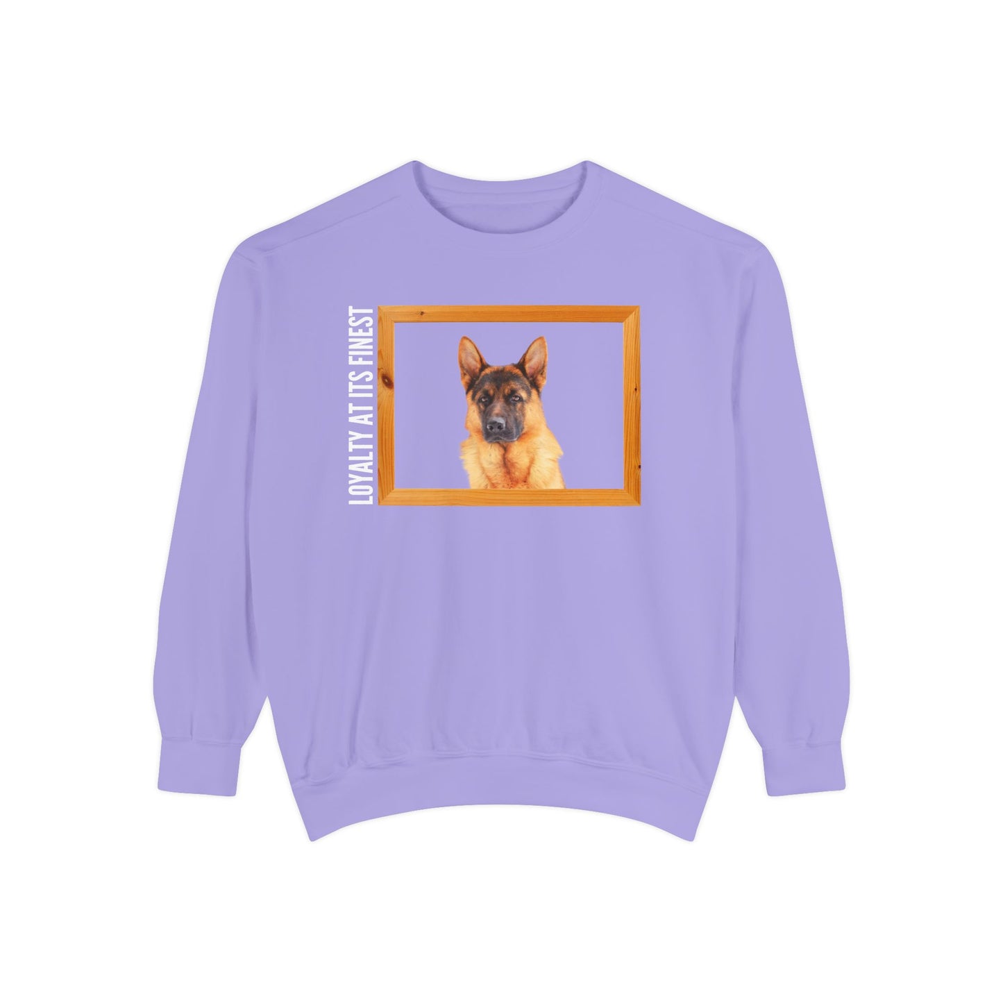 Unisex Dog Lover Sweatshirt With a German Shepherd's Head Inside a Wooden Frame and Caption Loyalty at Its Finest