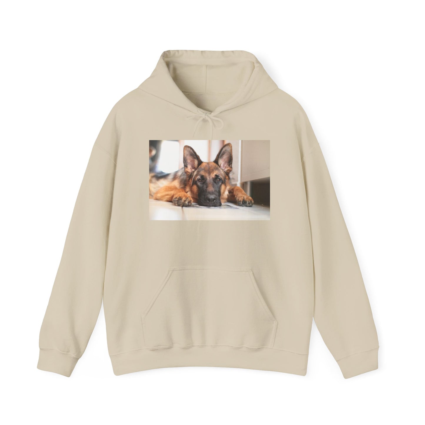 A Unisex Hoodie With a German Shepherd Lying His Head on the Floor