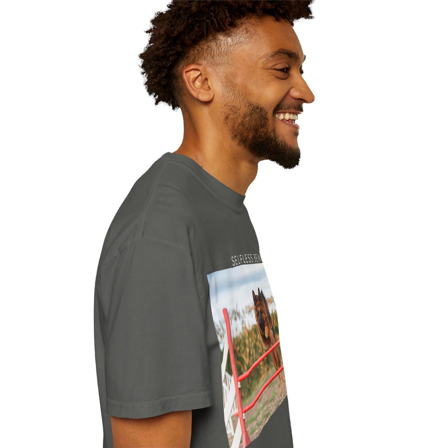 Unisex Dog Lover T-Shirt With a German Shepherd Jumping an Agility Fence Outdoor and Caption Selfless Beings