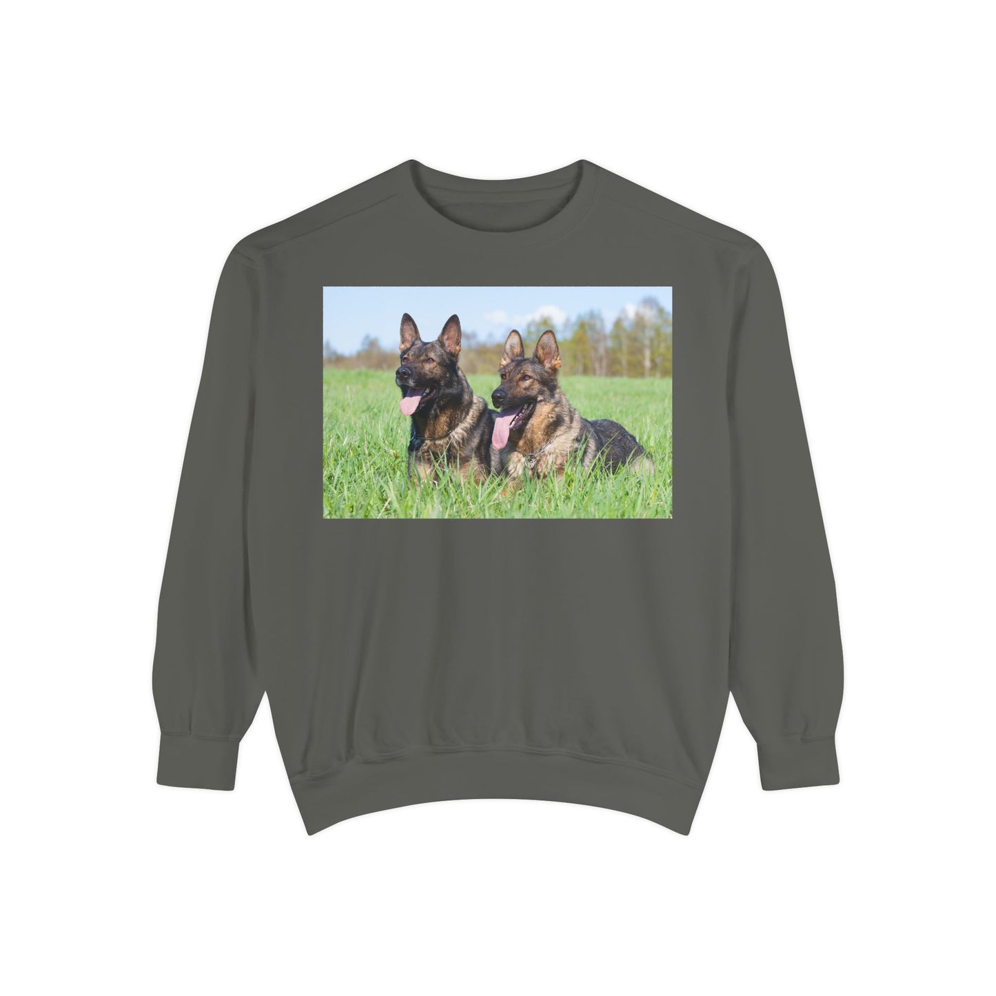Unisex Dog Lover Sweatshirt With Two Giant German Shepherds Lying on the Grass With Tongues Out