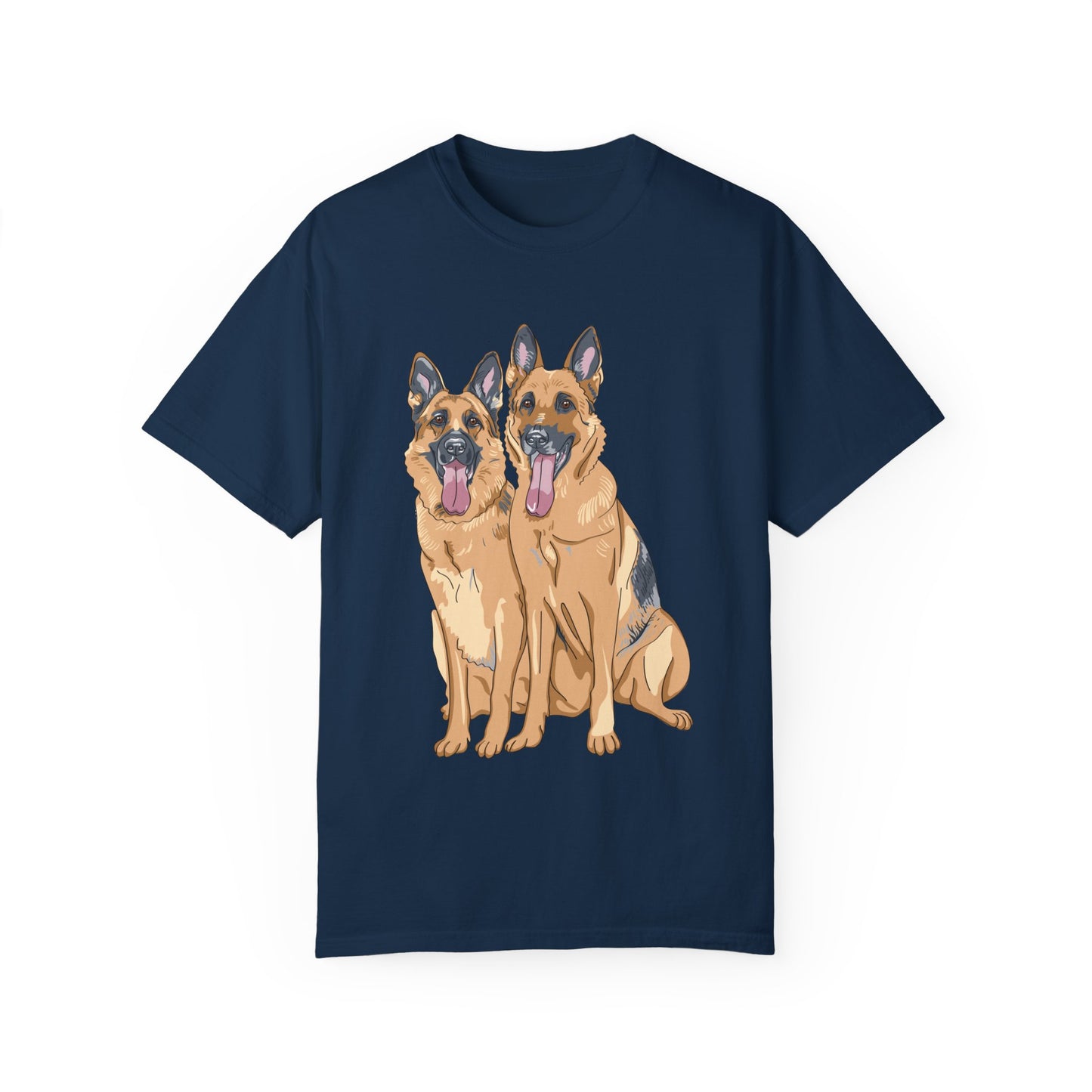 Unisex T-Shirt With Graphic of Two German Shepherds Sloppily Sitting Leaving Tongue Out