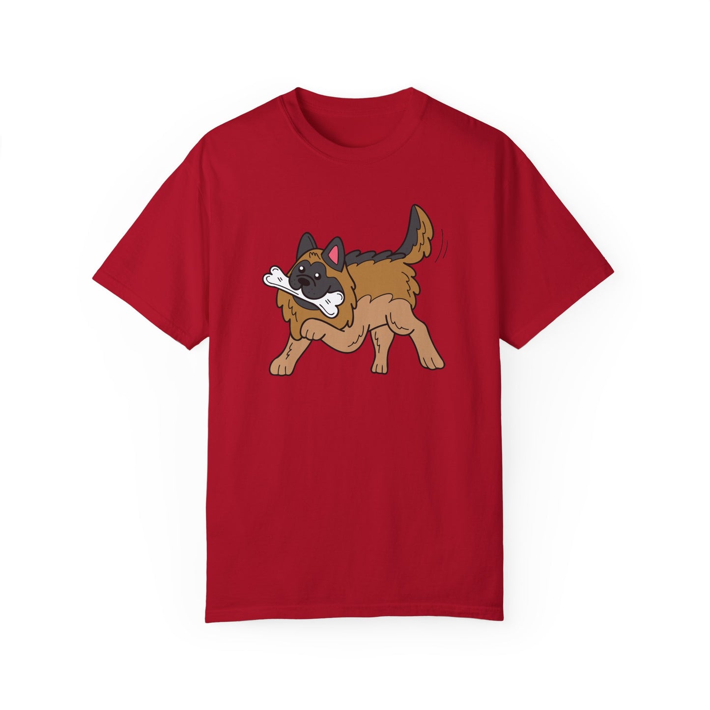 Unisex Dog Lover T-Shirt With a Graphic of a German Shepherd Holding a White Bone in Mouth