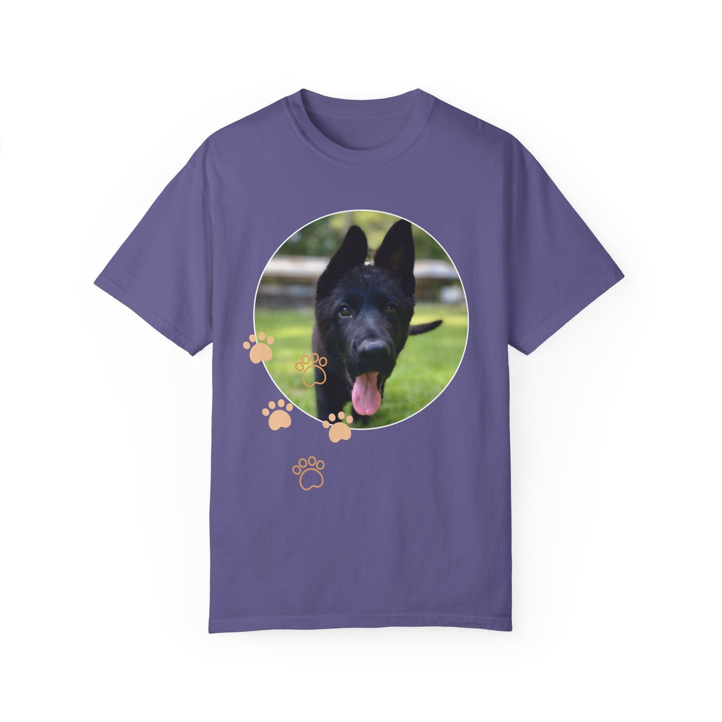 Unisex Dog Lover T-Shirt With Black German Shepherd Puppy Walking on Grass Leaving Tongue Out and Paw Icons