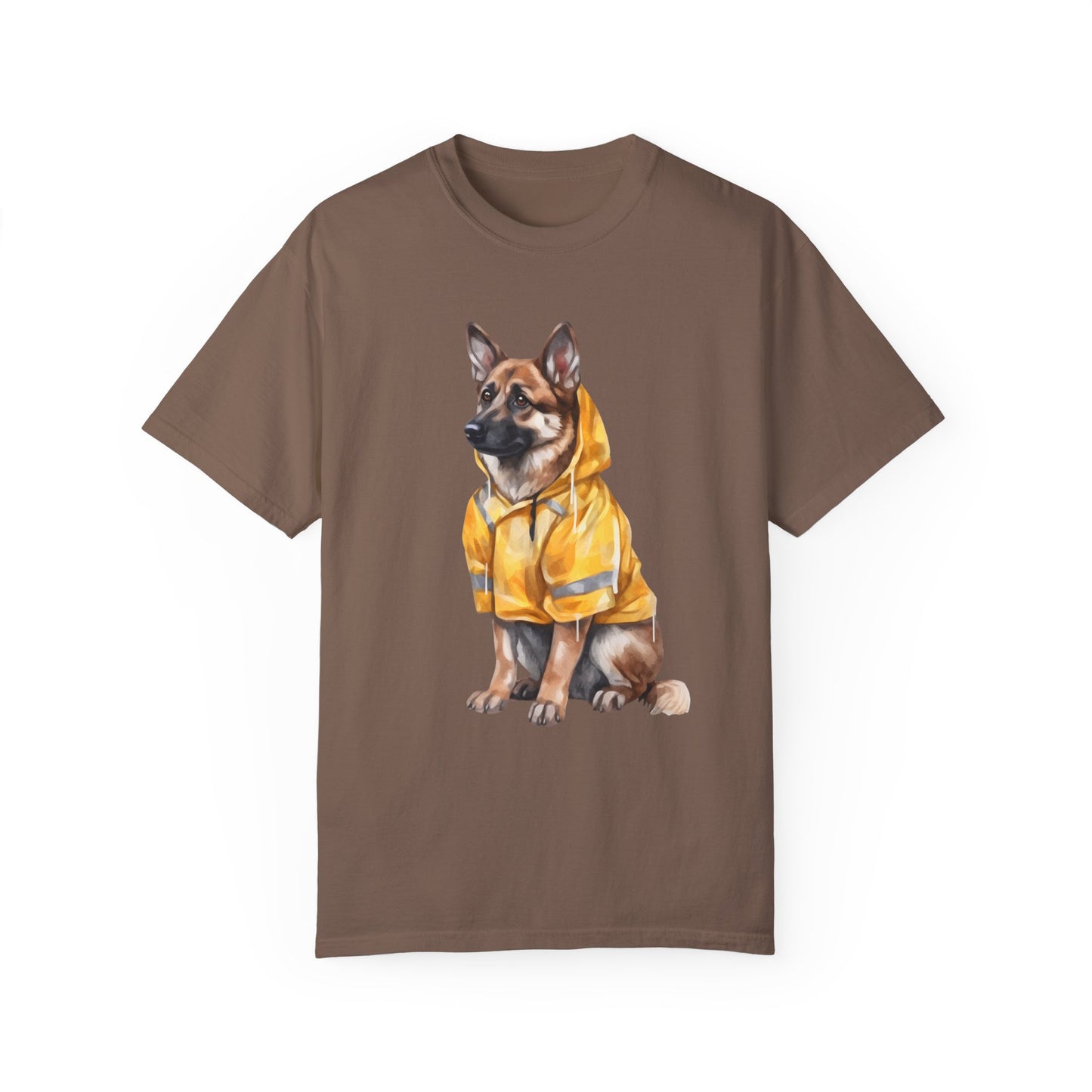 Unisex Dog Lover T-Shirt With a Graphic of German Shepherd Wearing a Yellow Rain Coat