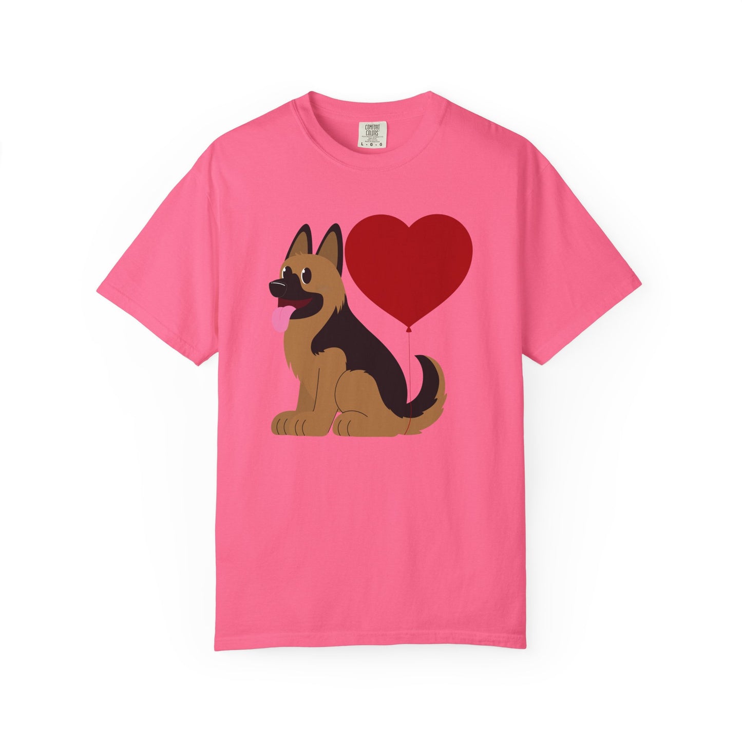 Unisex Dog Lover T-Shirt With a Graphic of German Shepherd Puppy and Heart Shaped Balloon Attached With Tail