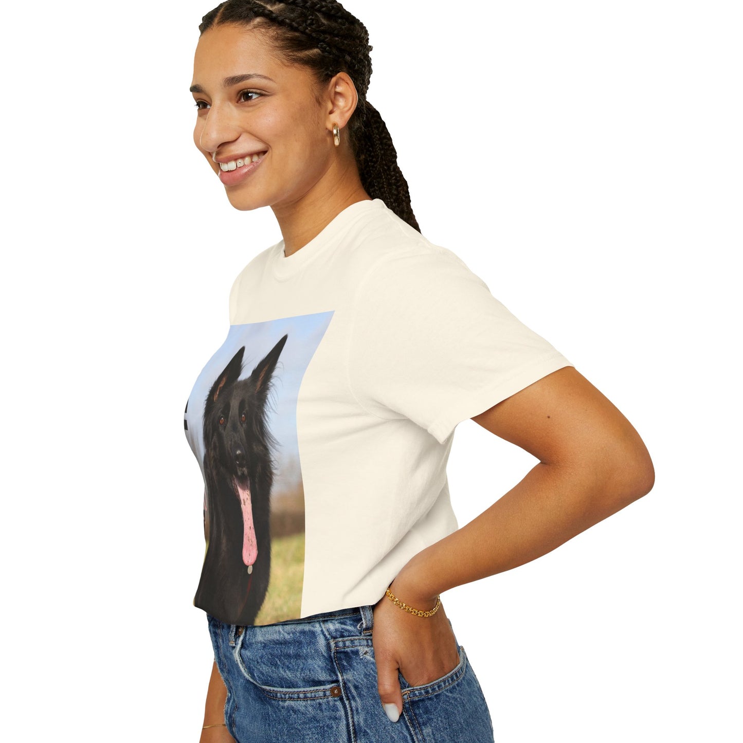 Unisex Dog Lover T-Shirt With Black German Shepherd in the Open Field Leaving Tongue Out and Caption Selfless Beings