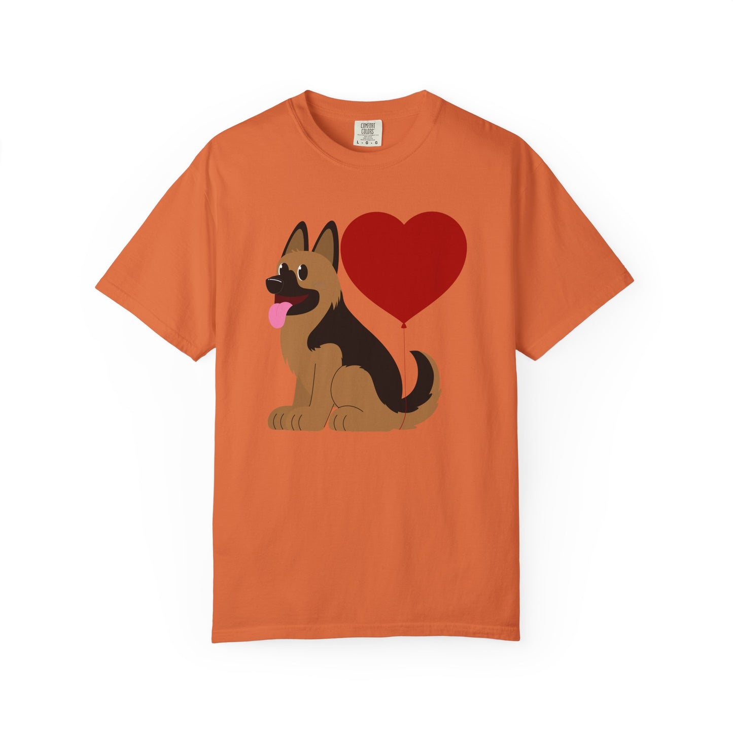 Unisex Dog Lover T-Shirt With a Graphic of German Shepherd Puppy and Heart Shaped Balloon Attached With Tail