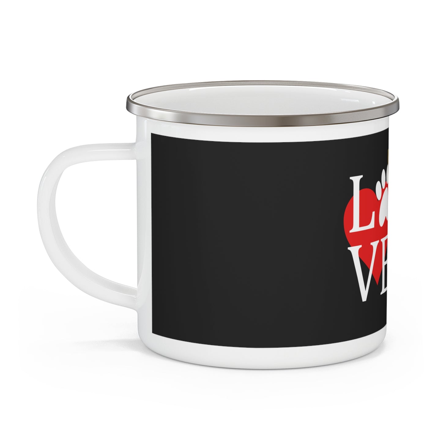 Enamel Dog Lover Camping Mug With Two Cute German Shepherd Puppies Sitting on a Cart and Caption Love