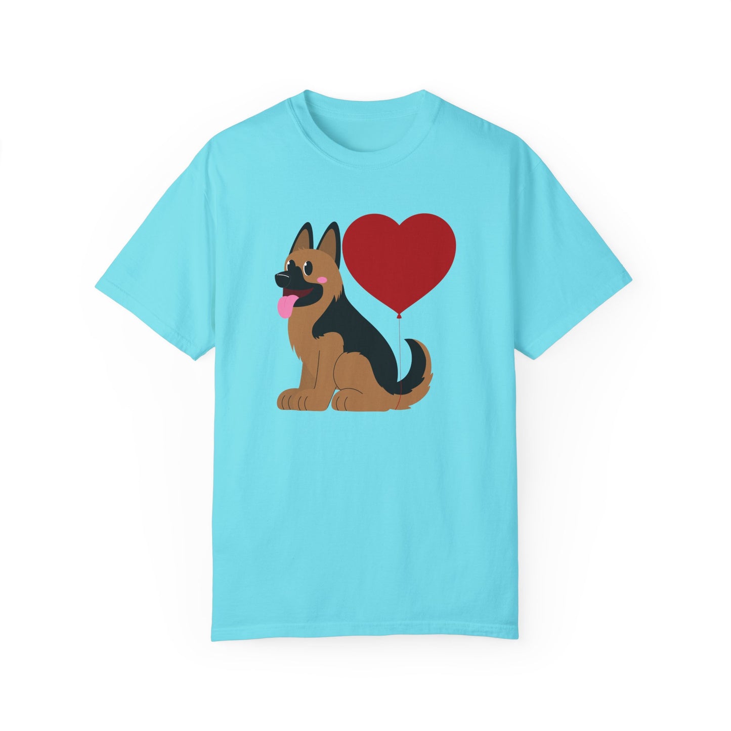 Unisex Dog Lover T-Shirt With a Graphic of German Shepherd Puppy and Heart Shaped Balloon Attached With Tail