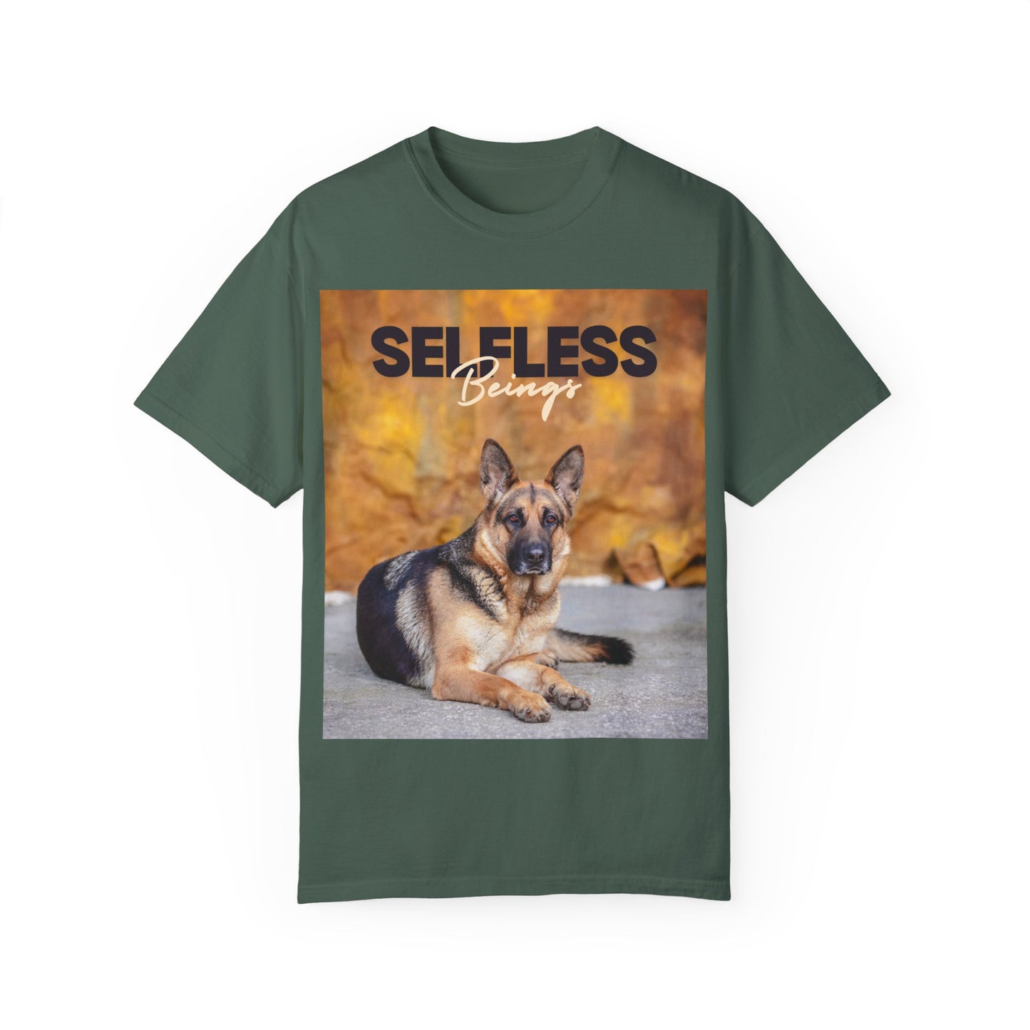 Unisex Dog Lover T-Shirt With Showline German Shepherd Posing for Camera, Autumn Background and Caption Selfless Beings