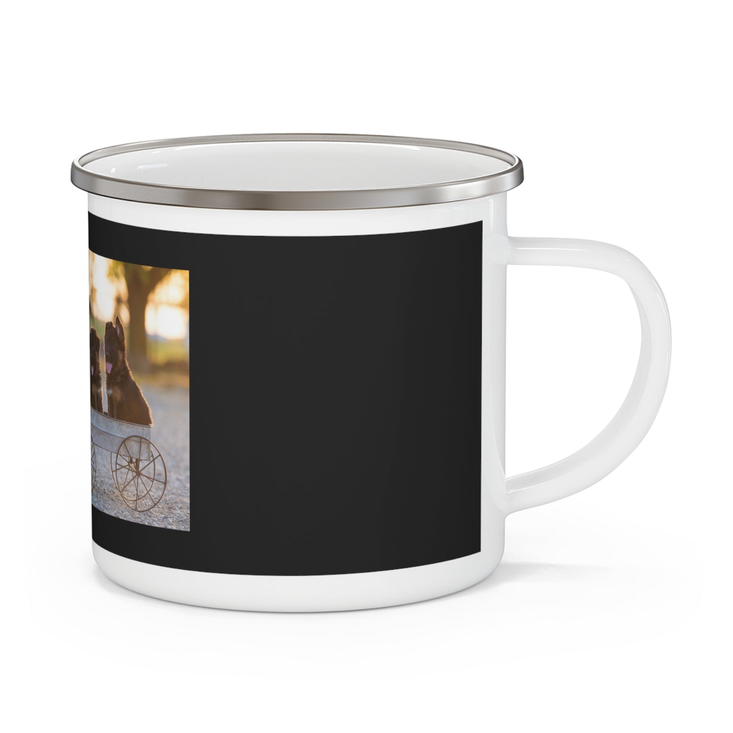 Enamel Dog Lover Camping Mug With Two Cute German Shepherd Puppies Sitting on a Cart and Caption Love
