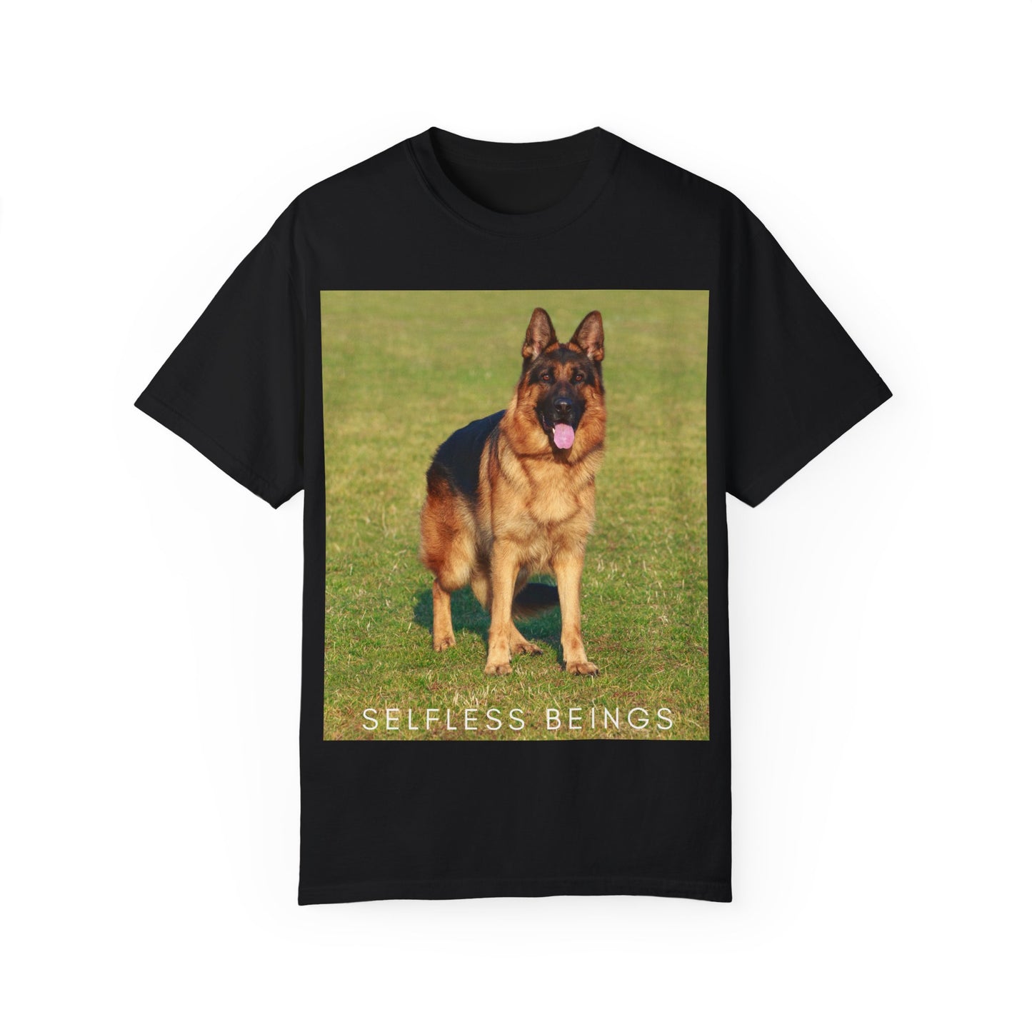 Unisex Dog Lover T-shirt With a German Shepherd on the Sports Grass Field and Caption Selfless Beings