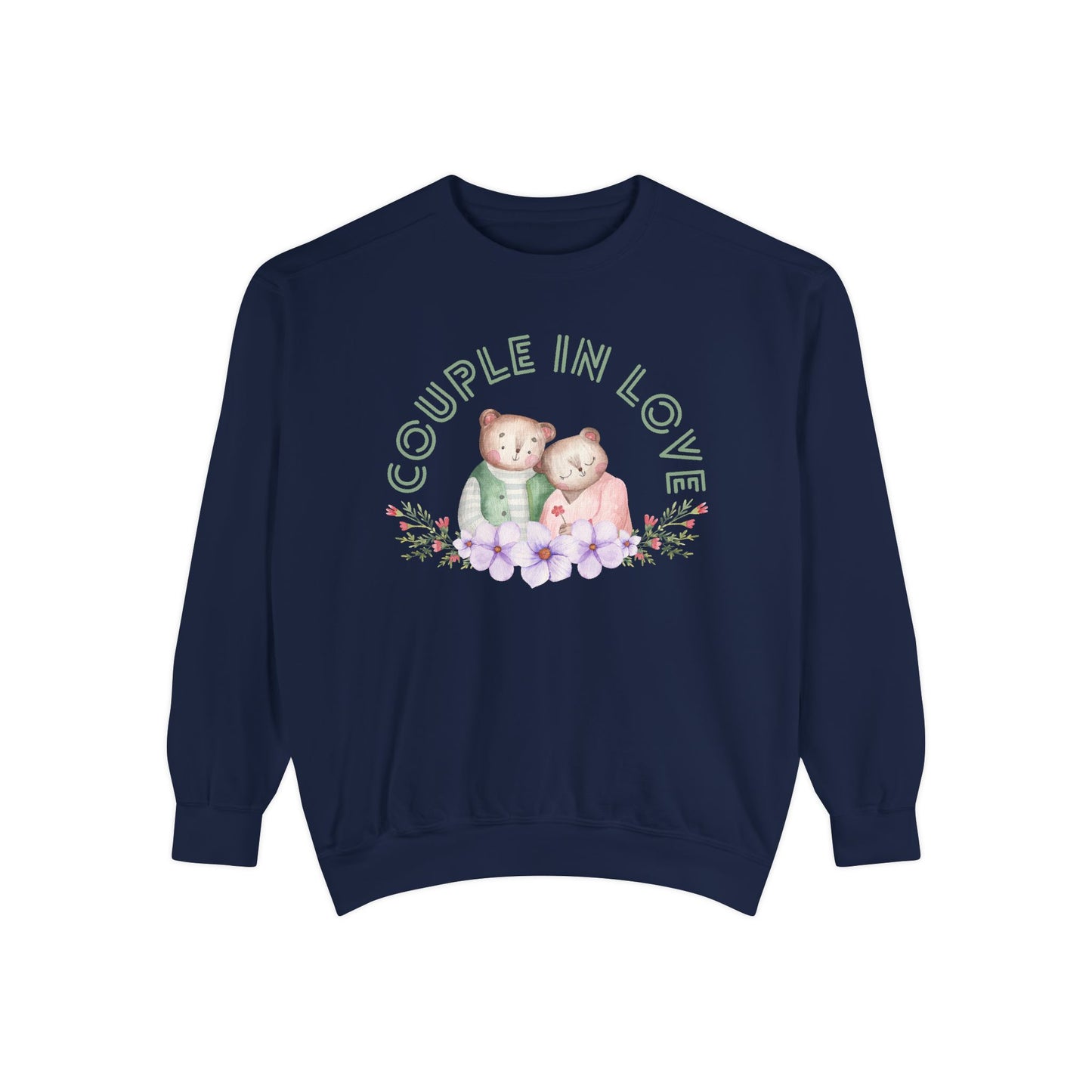 Unisex Valentine's Day Sweatshirt With Two Teddy Bears On Flowers and Caption Couple In Love