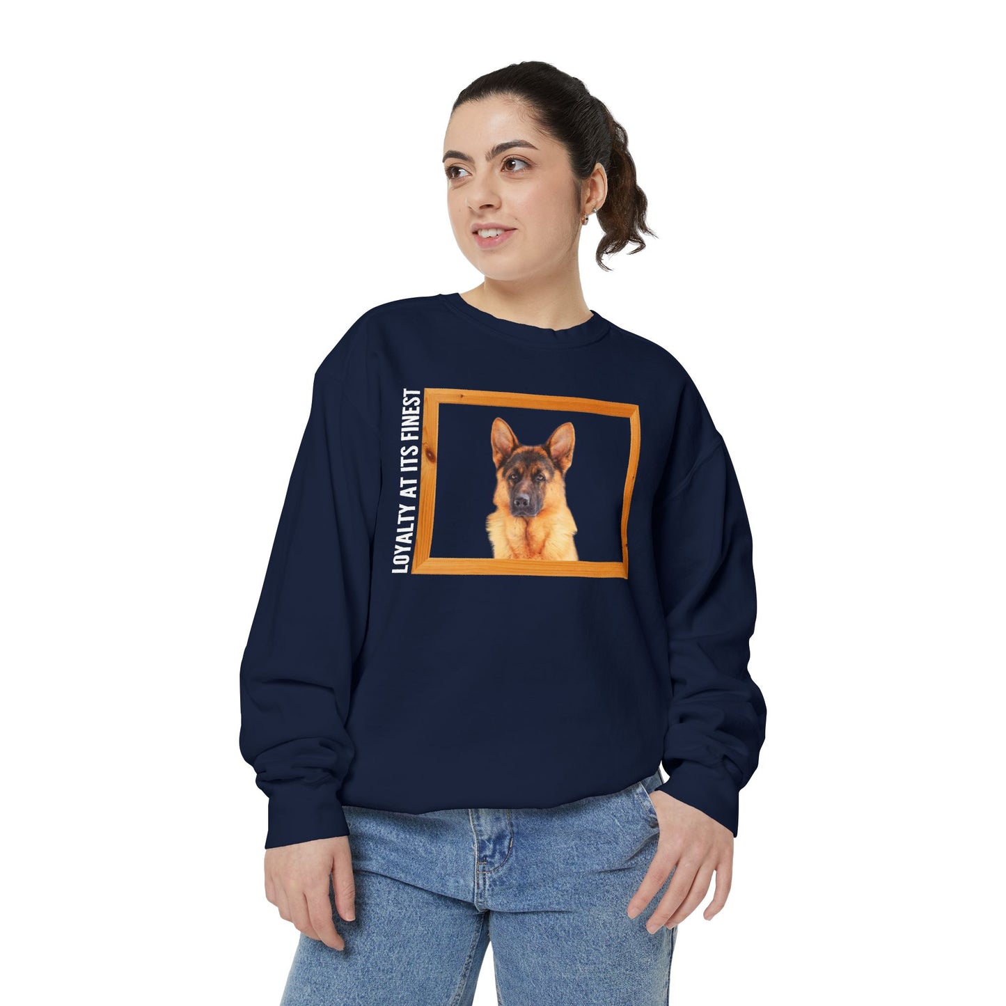 Unisex Dog Lover Sweatshirt With a German Shepherd's Head Inside a Wooden Frame and Caption Loyalty at Its Finest