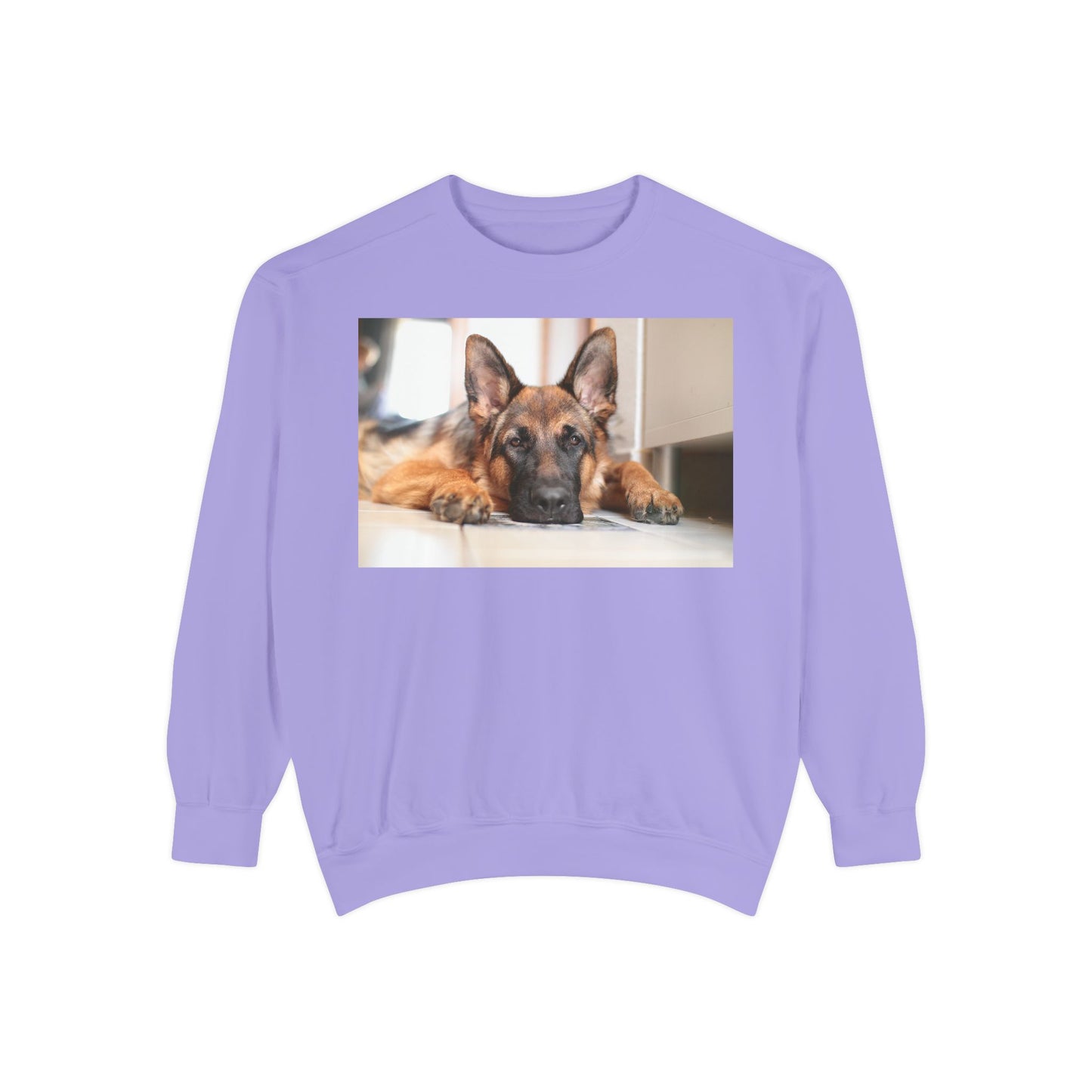Unisex Dog Lover Sweatshirt With a German Shepherd Lying His Head on the Floor