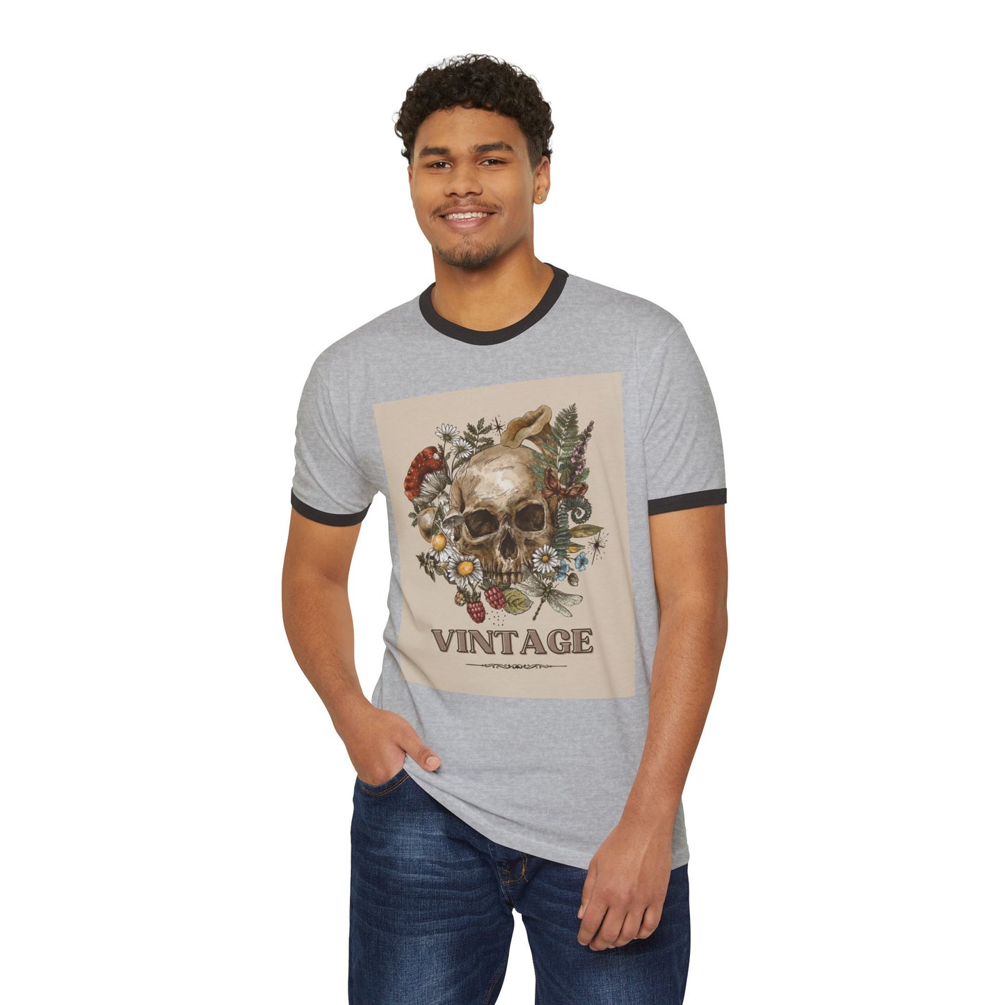 Vintage-Inspired Skull Ringer T-Shirt, Unisex Tee, Boho Style Shirt, Retro Graphic Top, Unique Gift for Halloween, Nature Lovers Apparel
