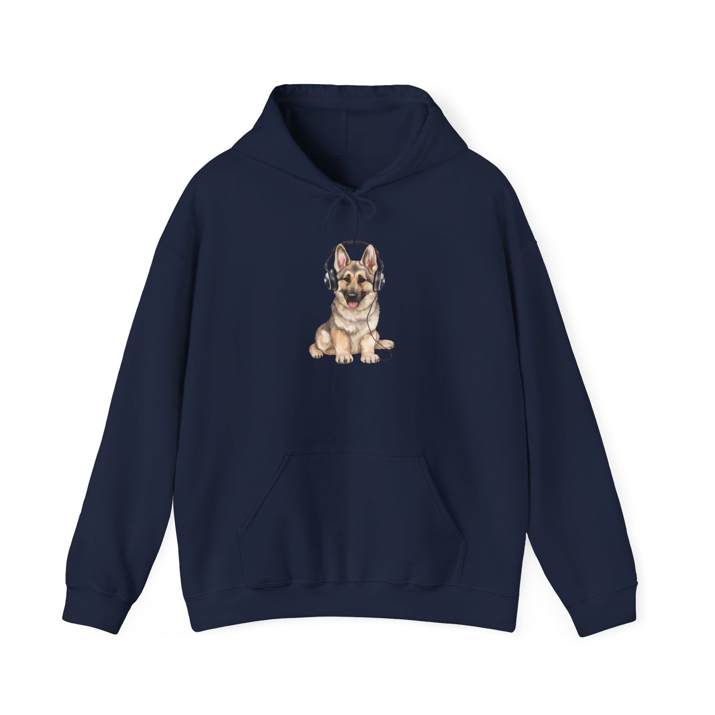 Unisex Dog Lover Hoodie With a German Shepherd Wearing Headphones Enjoying Music