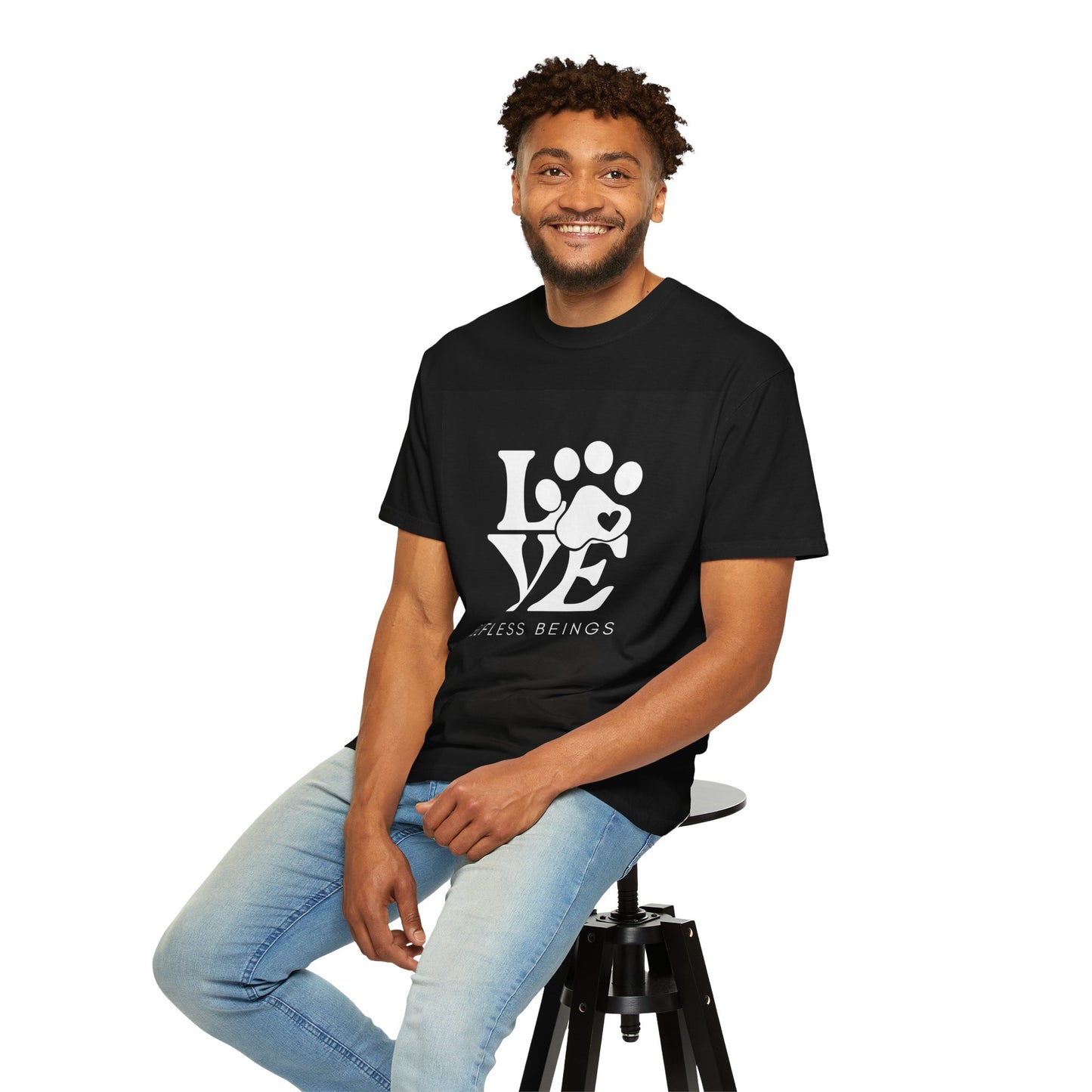 Unisex Dog Lover T-Shirt With Graphic of Love Dog-Paw and Caption Selfless Beings