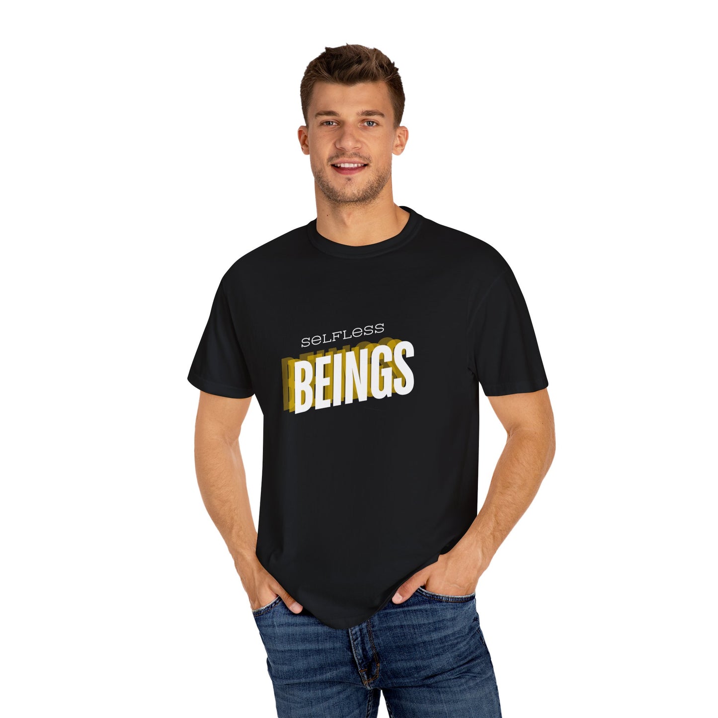 Unisex Dog Lover T-Shirt With Text "Selfless Beings" Designed Using Dark Yellow, Light Yellow and White Colors