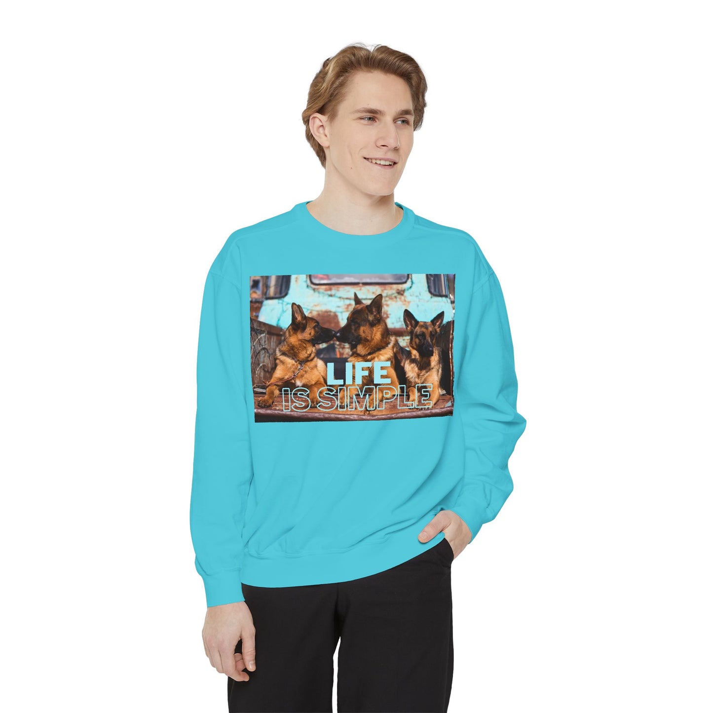 Unisex Dog Lover Sweatshirt With Three German Shepherds Sitting on the Truck's Cargo Bed and Caption Life is Simple