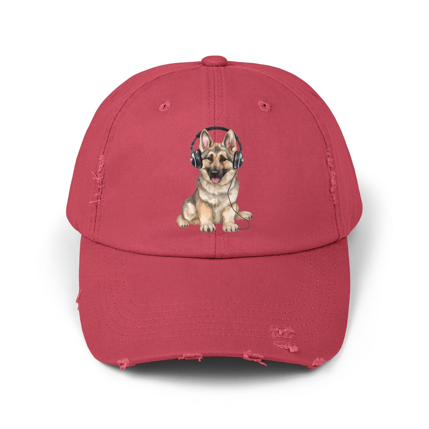 Distressed Dog Cap with German Shepherd Wearing Headphones | Pet Lover Gift | Adjustable Cap