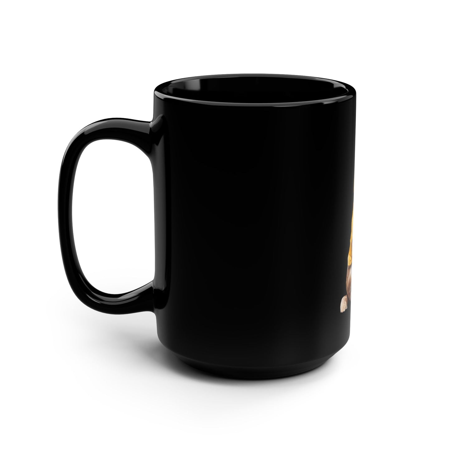 Black Coffee Mug 15oz With a Graphic of German Shepherd Wearing a Yellow Rain Coat