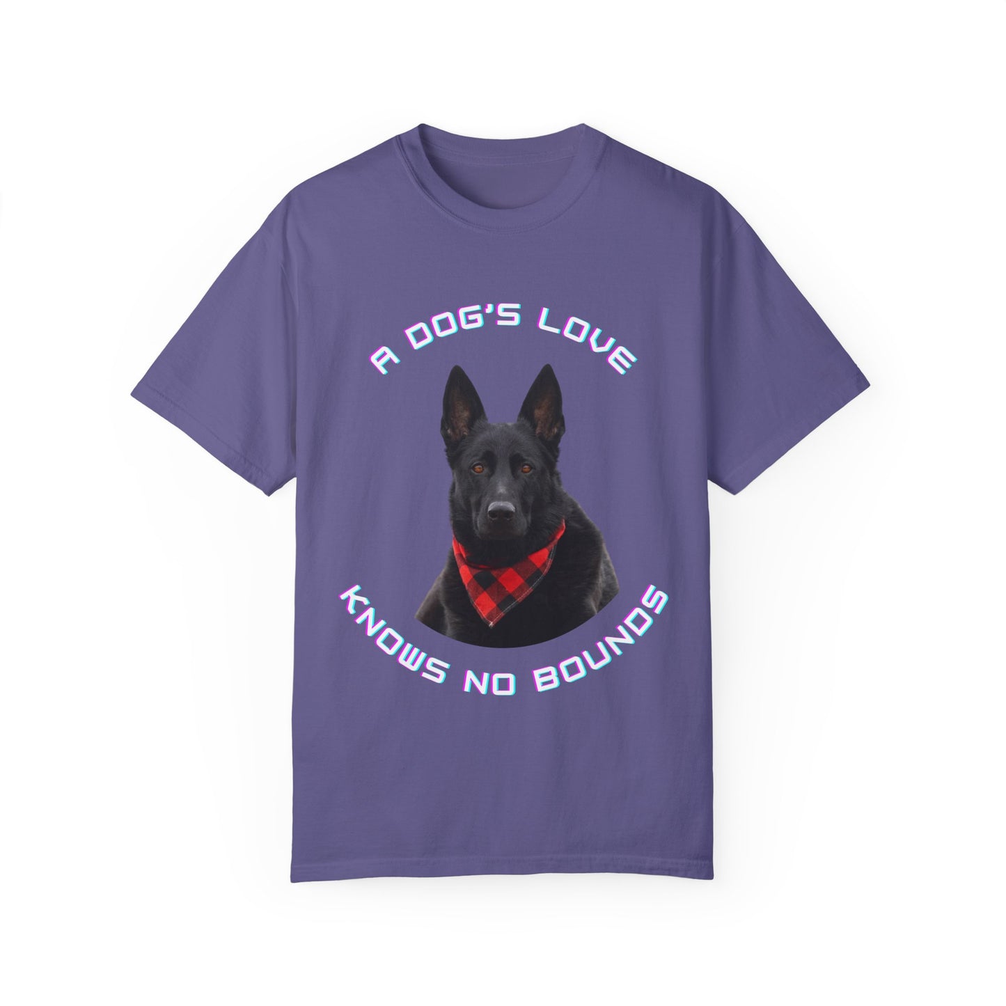 Unisex Dog Lover T-Shirt With Black German Shepherd Wearing a Romal and Quote A Dog’s Love Knows No Bounds