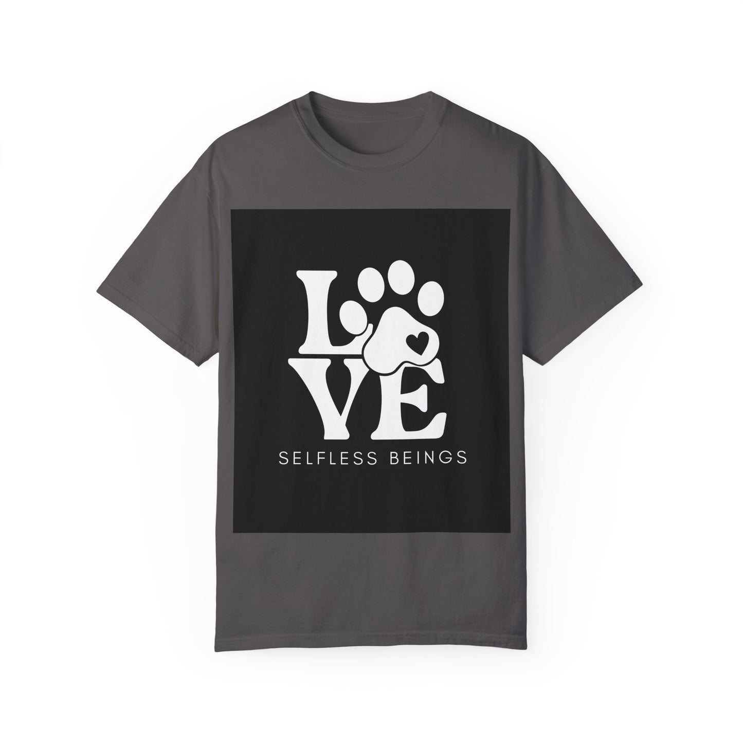 Unisex Dog Lover T-Shirt With Graphic of Love Dog-Paw and Caption Selfless Beings