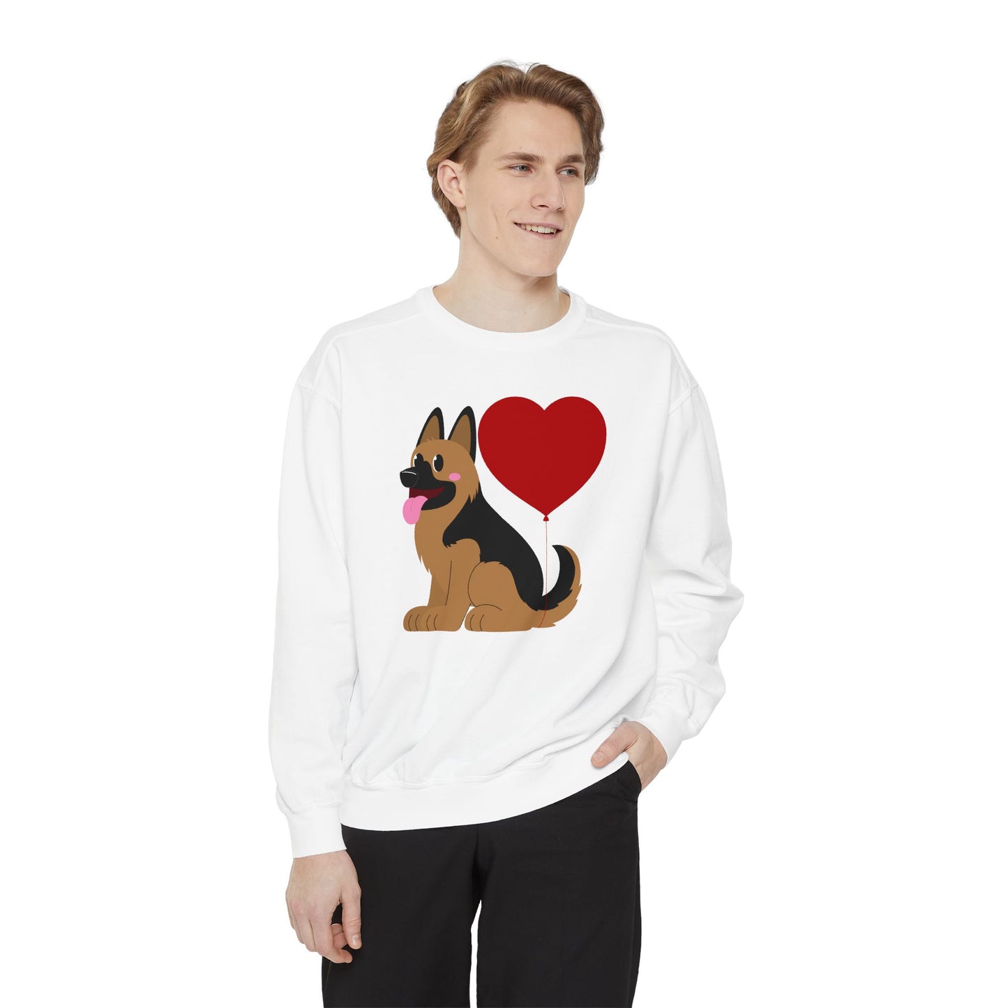 Unisex Dog Lover Sweatshirt With a Graphic of German Shepherd Puppy and Heart Shaped Balloon Attached With Tail