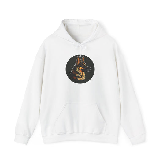 Unisex Dog Lover Hoodie With a Close Up Graphic of  a German Shepherd Inside a Black Circle