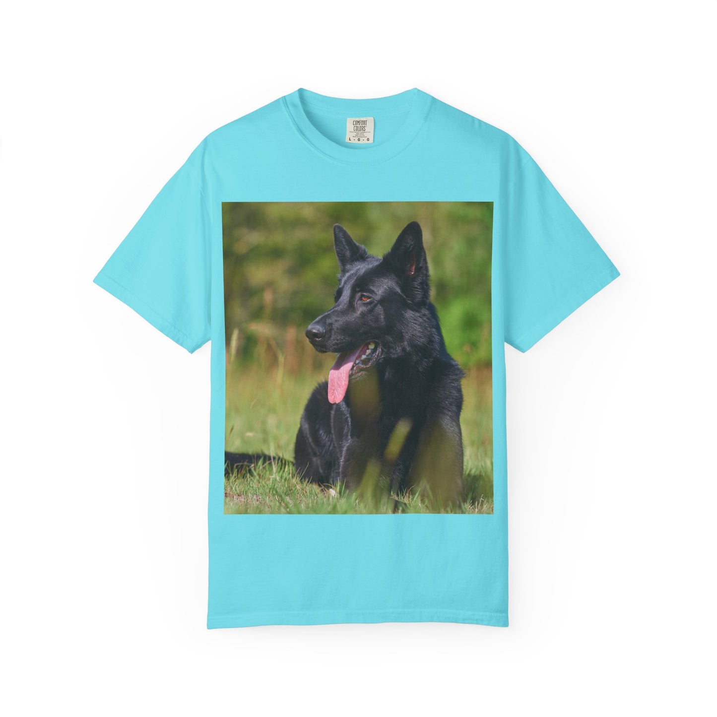 Unisex Garment-Dyed T-Shirt Featuring a Black German Shepherd Resting on Grass Looking Sideways
